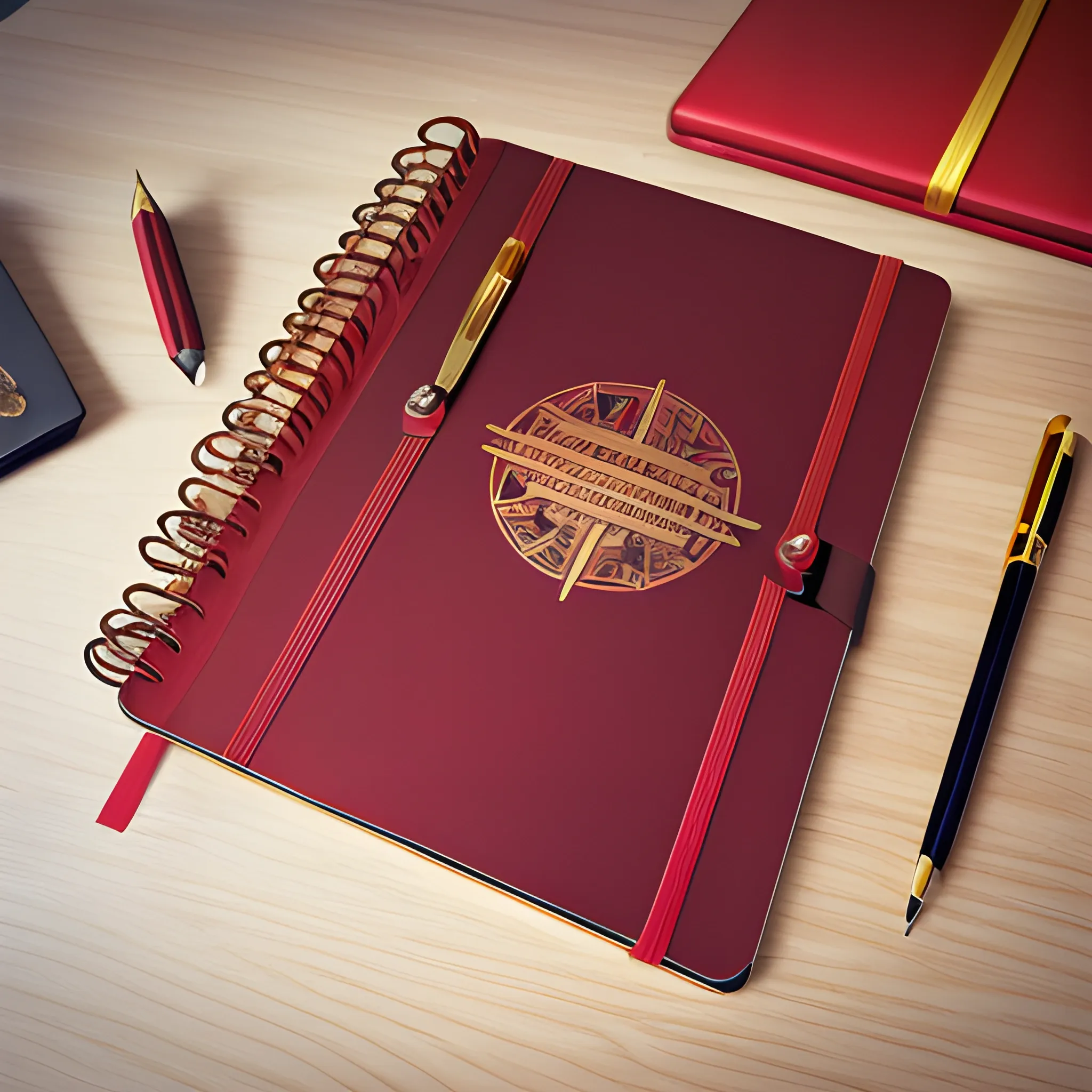 it's a logo, a metal notebook cover, metallic red and metallic gold, a mechanical pencil with mechanical icons, the cover of the calendar opens up, it's all on the desk, 3D, unreal, 
blogging as a title above the notebook