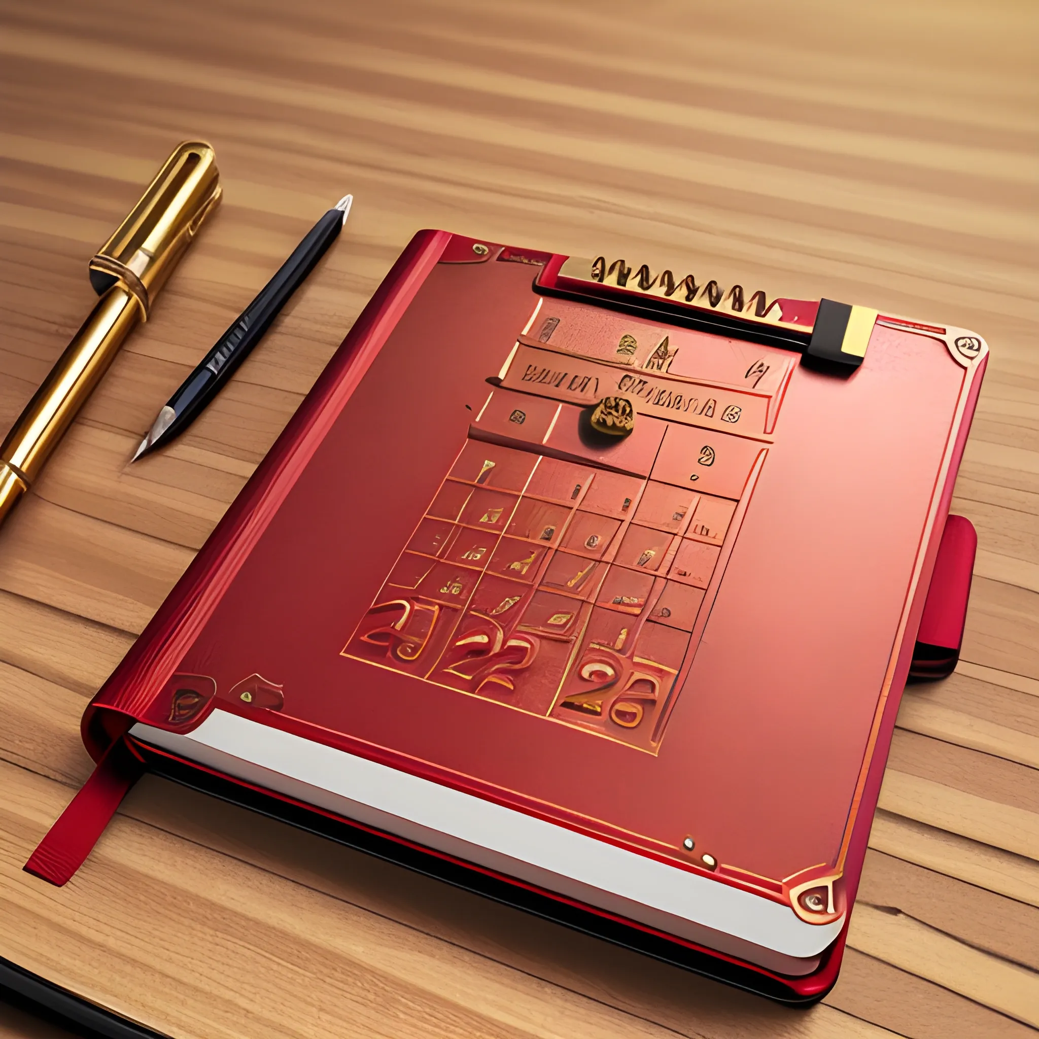 it's a logo, a metal notebook cover, metallic red and metallic gold, a mechanical pencil with mechanical icons, the cover of the calendar opens up, all on the table, 3D, unreal, the title of the notebook is BLOG