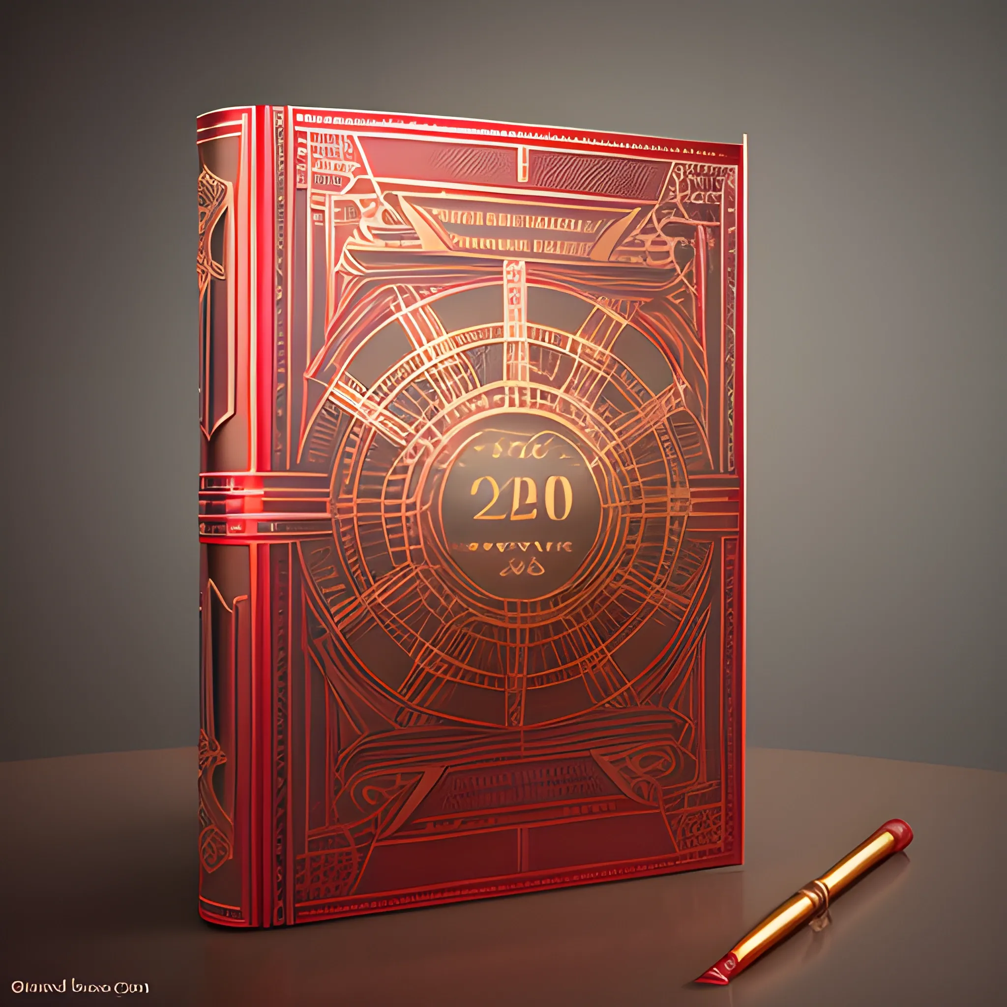 it's a logo, a metal book cover, metallic red and metallic gold, a mechanical pencil with mechanical icons, the cover of the calendar opens up, all on the table, 3D, unreal, the title of the book is BLOG