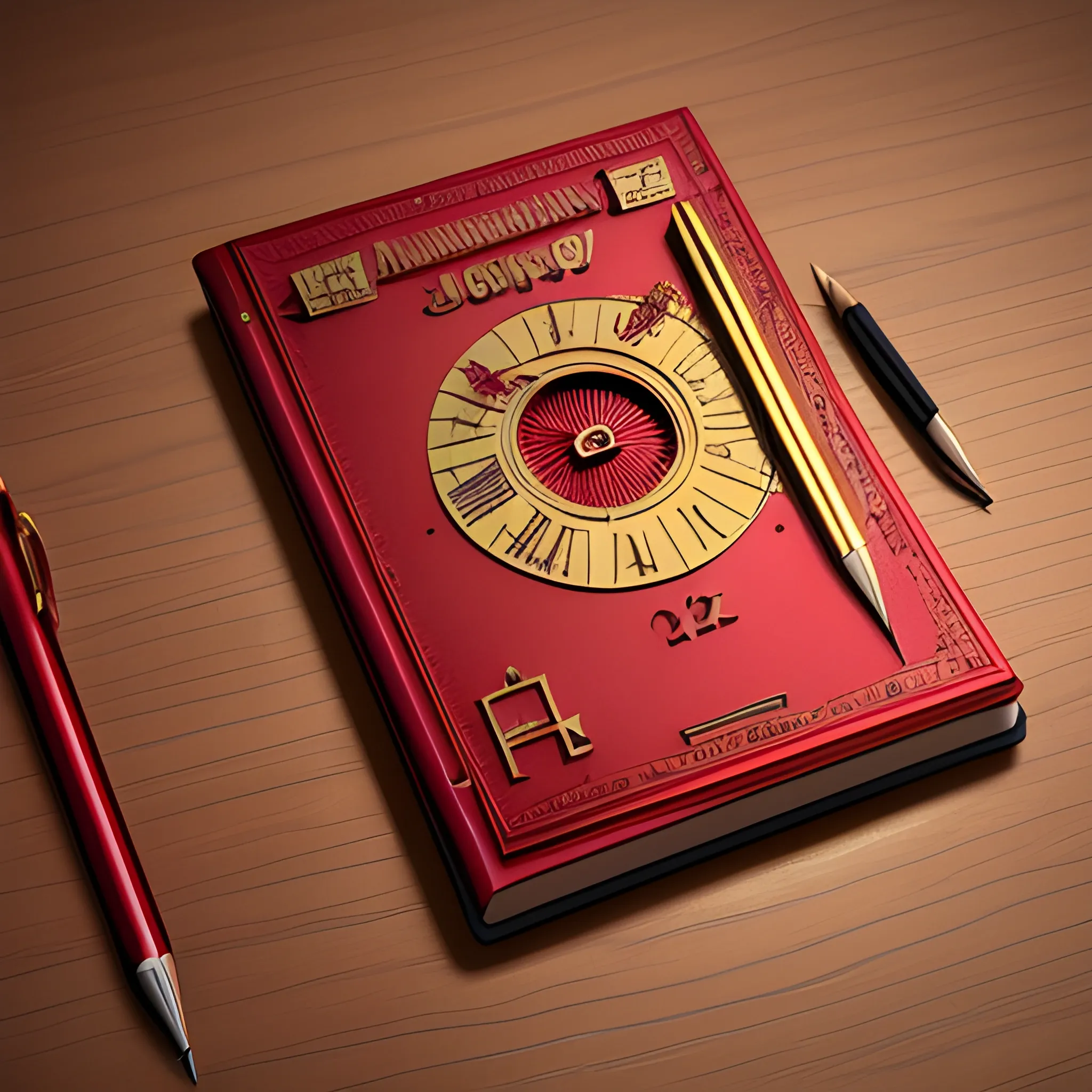 it's a logo, a metal notepad cover, metallic red and metallic gold, a mechanical pencil with mechanical icons, the cover of the calendar opens up, all on the table, 3D, unreal, the notepad' name is BLOG