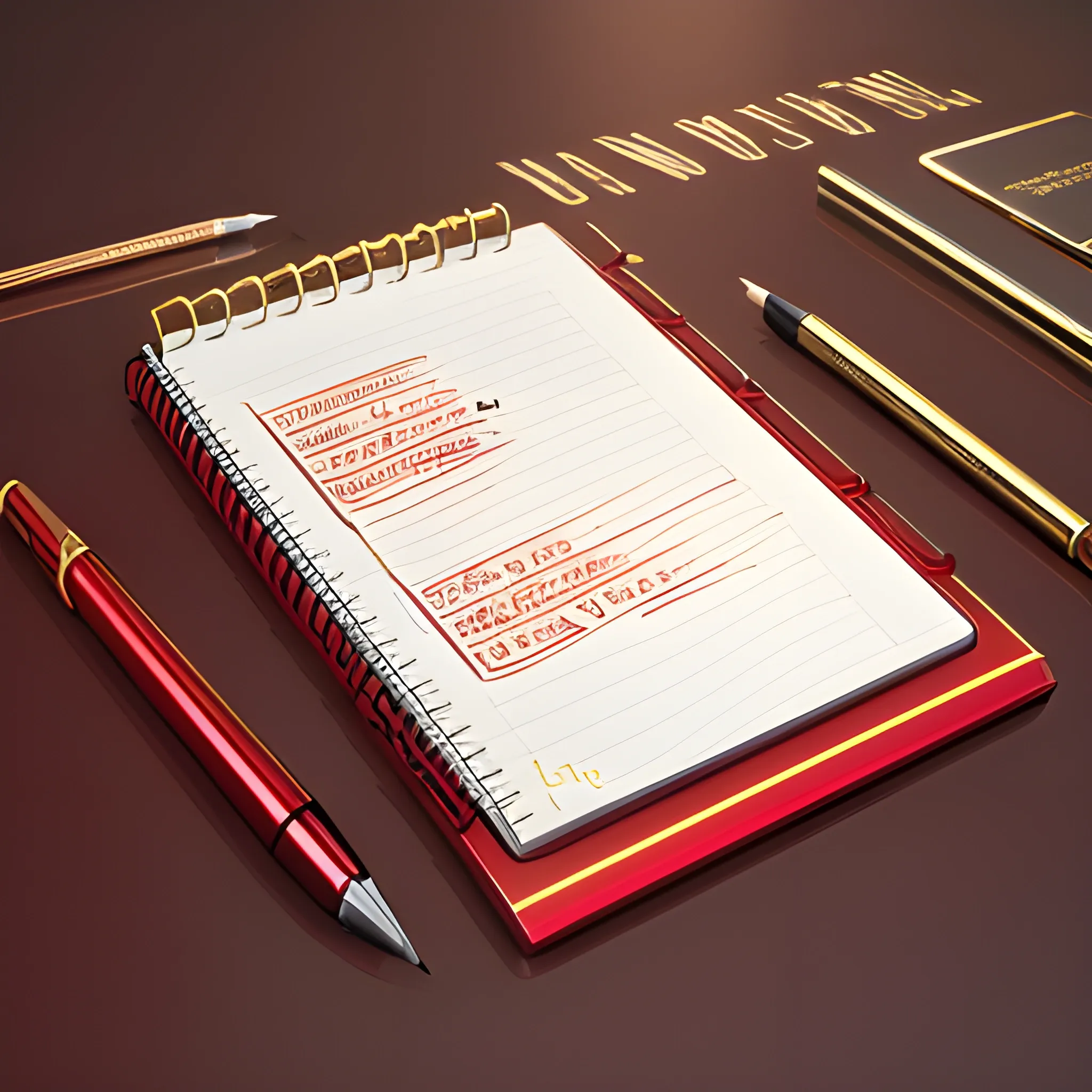 it's a logo with a metal notepad cover, metallic red and metallic gold, a mechanical pencil with mechanical icons, the cover of the notepad opens up, all on the table, 3D, unreal, the notepad' name is BLOG