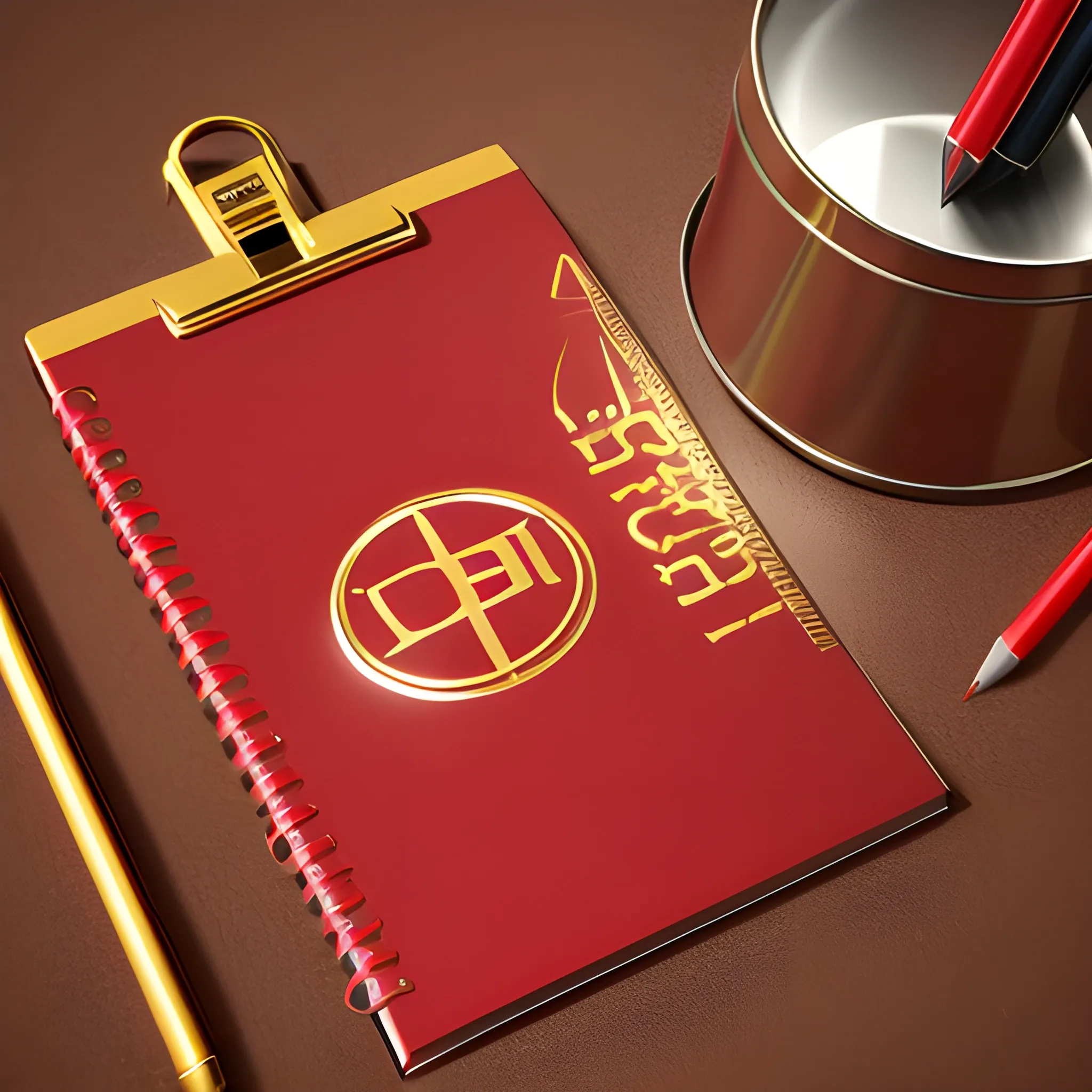 it's a logo with a metal notepad cover, metallic red and metallic gold, a mechanical pencil with mechanical icons, the cover of the notepad opens up, all on the table, 3D, the notepad' name is BLOG