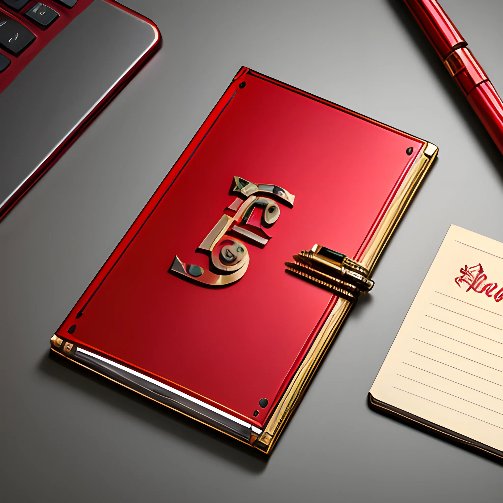 it's a logo with a metal notepad cover, metallic red and metallic gold, a mechanical pencil with mechanical icons, the cover of the notepad opens up, all on the table, 3D, the notepad' name is blog