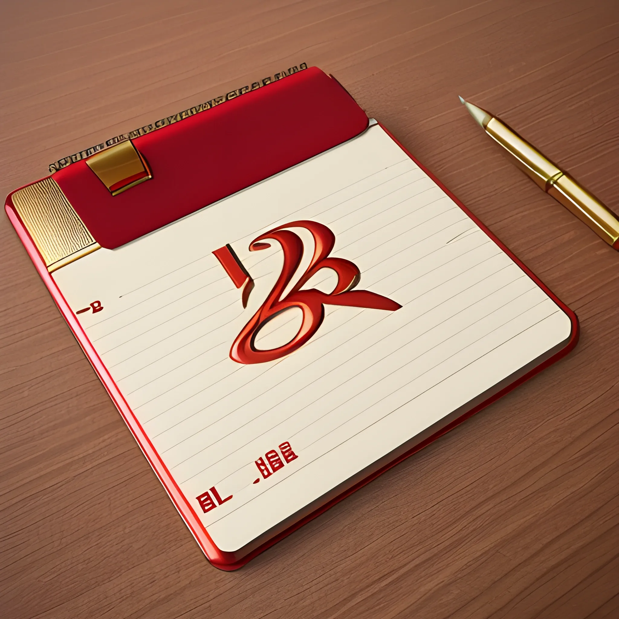 it's a logo with a metal notepad cover, metallic red and metallic gold, a mechanical pencil with mechanical icons, the cover of the notepad opens up, all on the table, 3D, the notepad' name is b l o g