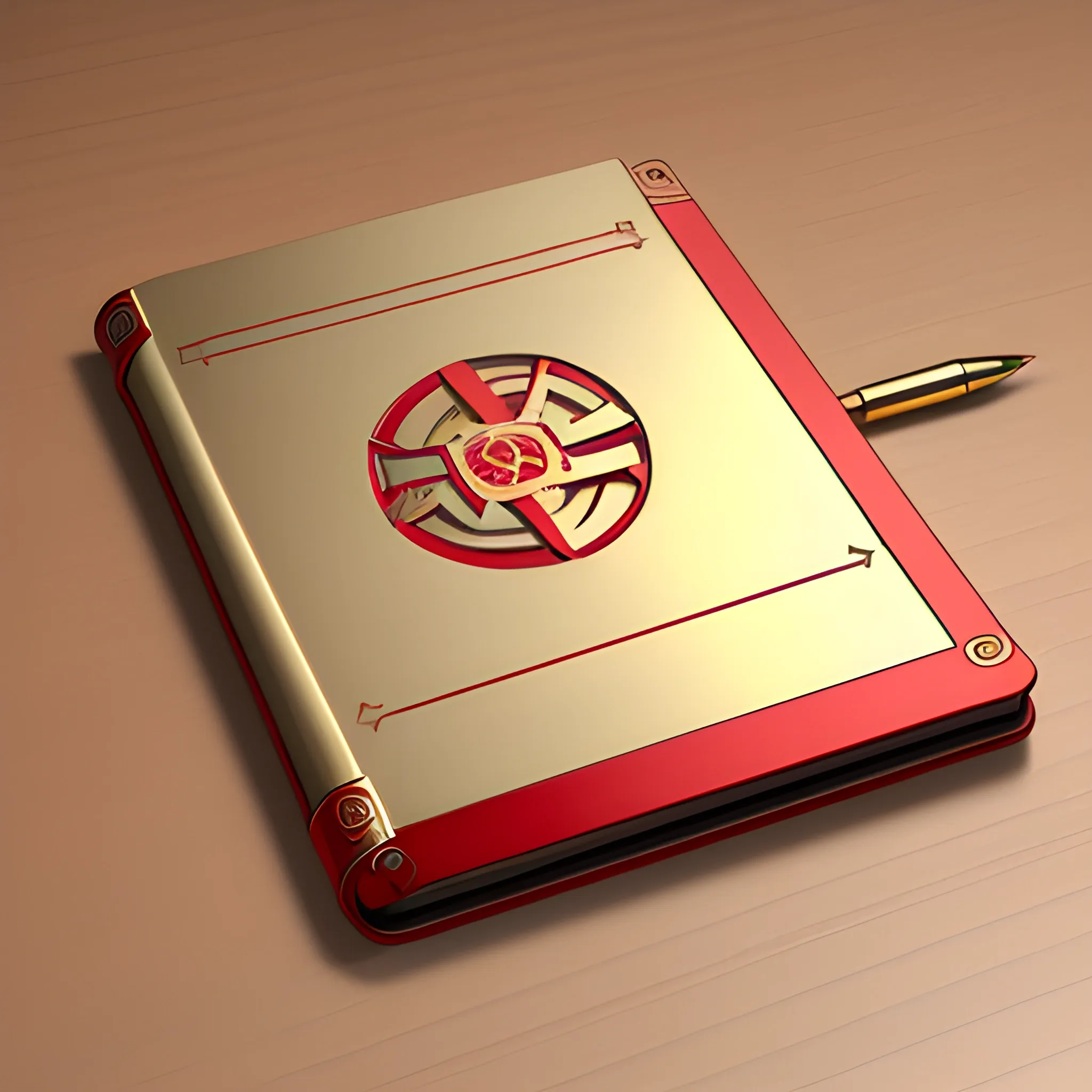 it's a logo with a metal notepad cover, metallic red and metallic gold, a mechanical pencil with mechanical icons, the cover of the notepad opens up, all on the table, 3D, 