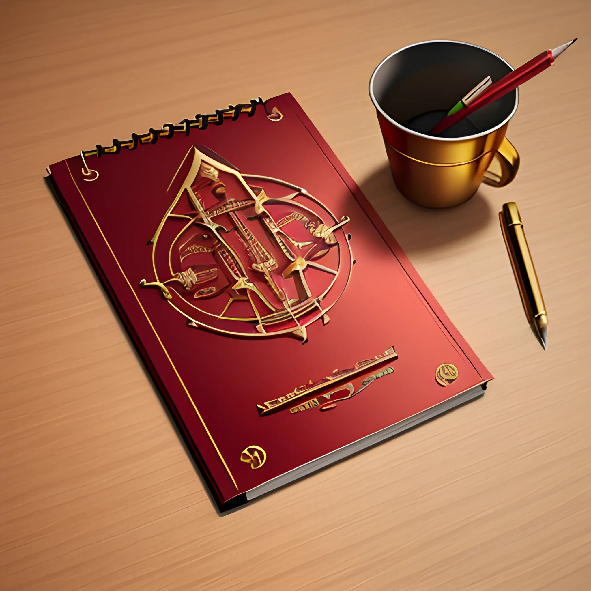 it's a logo with a metal notepad cover, metallic red and metallic gold, a mechanical pencil with mechanical icons, the cover of the notepad opens up, all on the table, 3D