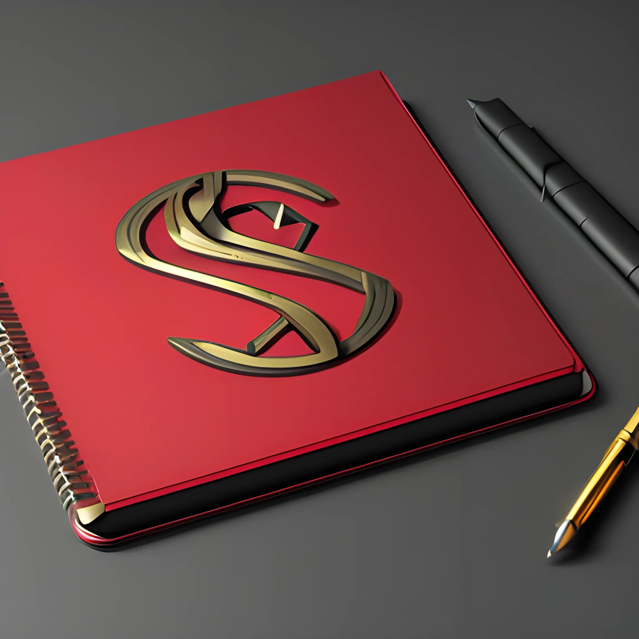 it's a logo with a metal notepad cover, metallic red and metallic gold, a mechanical pencil with mechanical icons, the cover of the notepad opens up, all on a matte black table, 3D