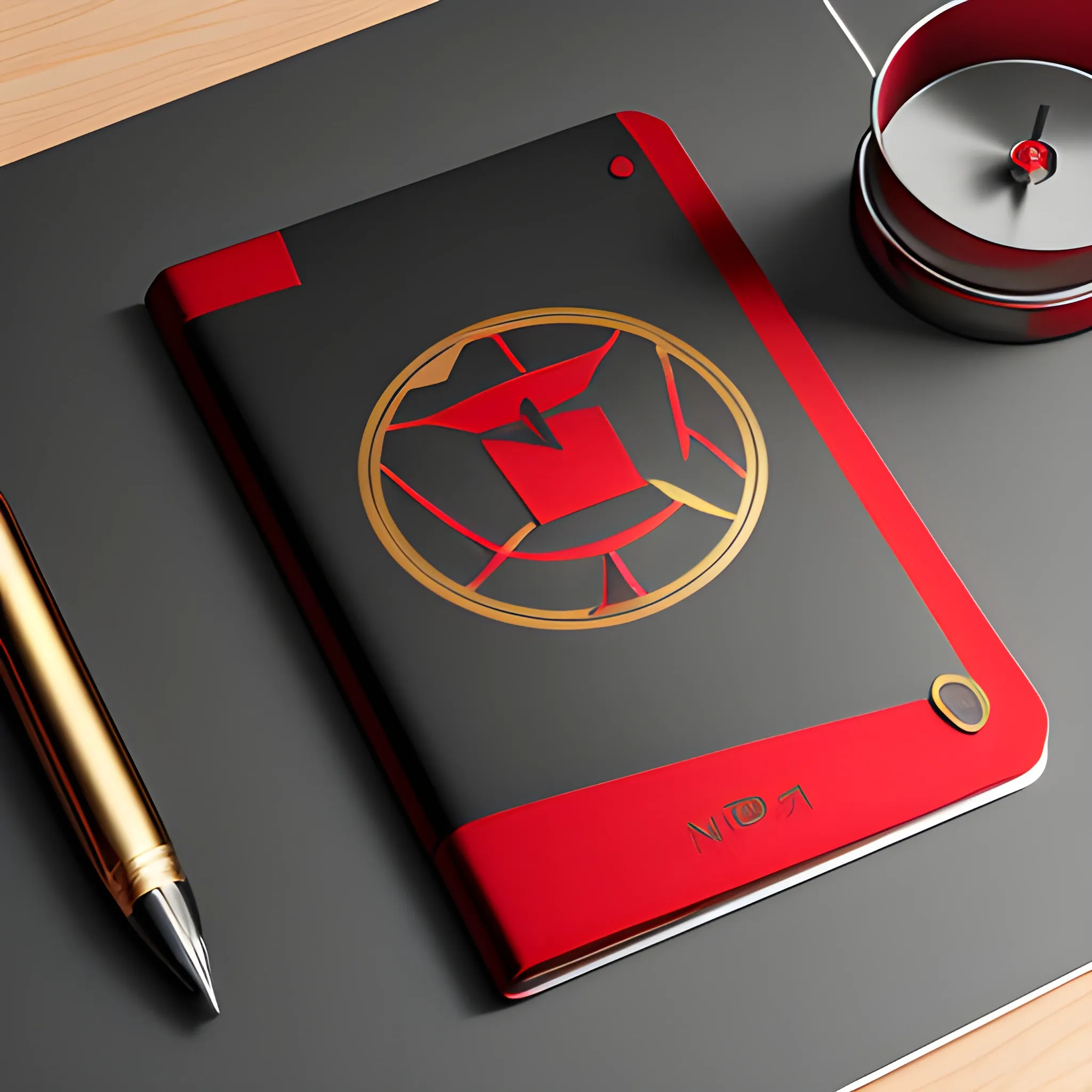 it's a logo with a metal notepad cover, metallic red and metallic gold, a mechanical pencil with mechanical icons, the cover of the notepad opens up , all on a matte black table, 3D