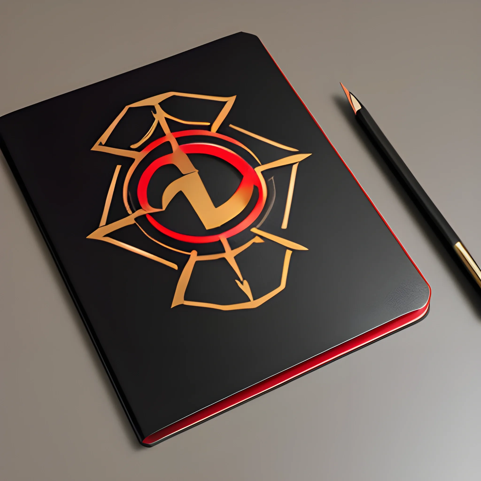 it's a logo with a metal notepad cover, metallic red and metallic gold, a mechanical pencil with mechanical icons, the cover of the notepad opens up, all on a matte black table, 3D