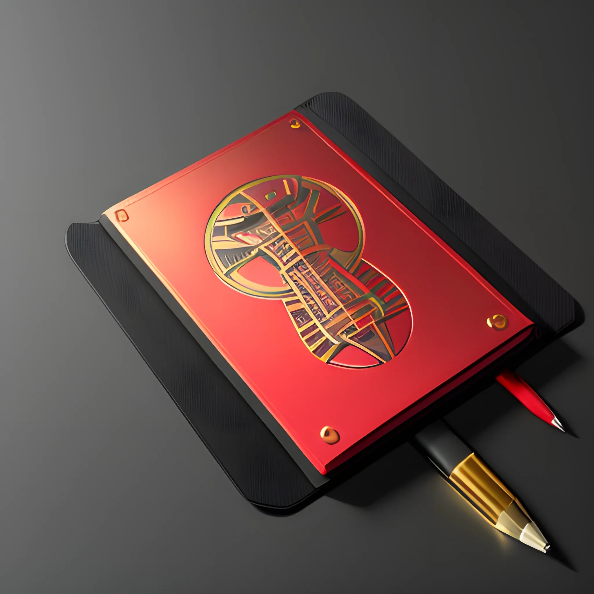 it's a logo with a metal notepad cover, metallic red and metallic gold, a mechanical pencil with mechanical icons, the cover of the notepad opens up, matte black table, 3D