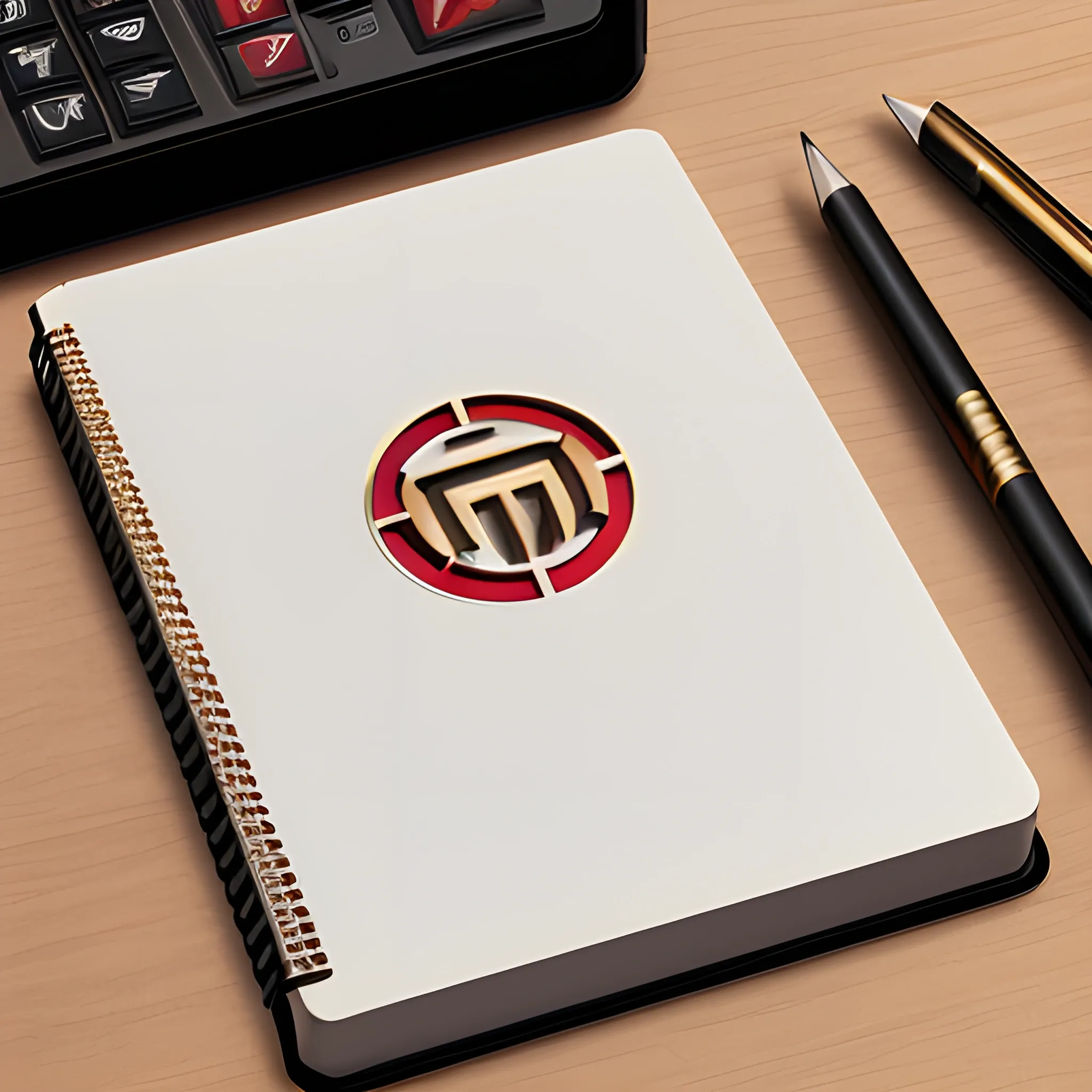 it's a logo with a metal notepad cover, metallic red and metallic gold, a mechanical pencil with mechanical icons, the notepad opens up, matte black table, 3D