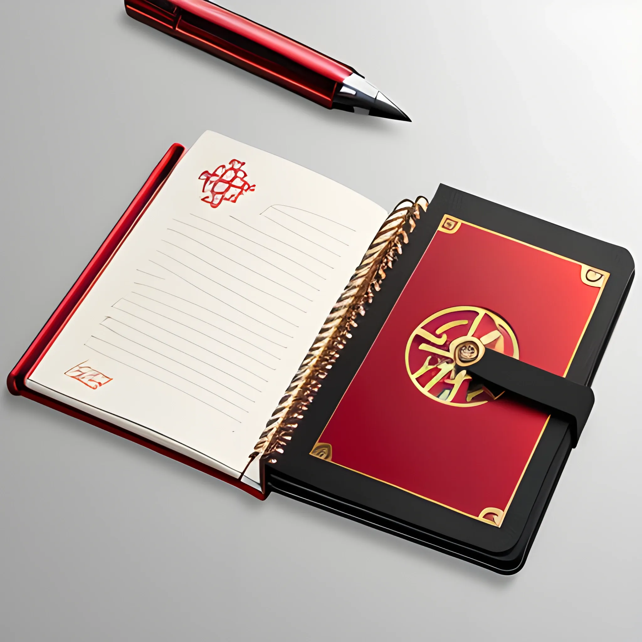 it's a logo with a metal notepad cover, metallic red and metallic gold, a mechanical pencil with mechanical icons, the notepad opens up, matte black one table, 3D