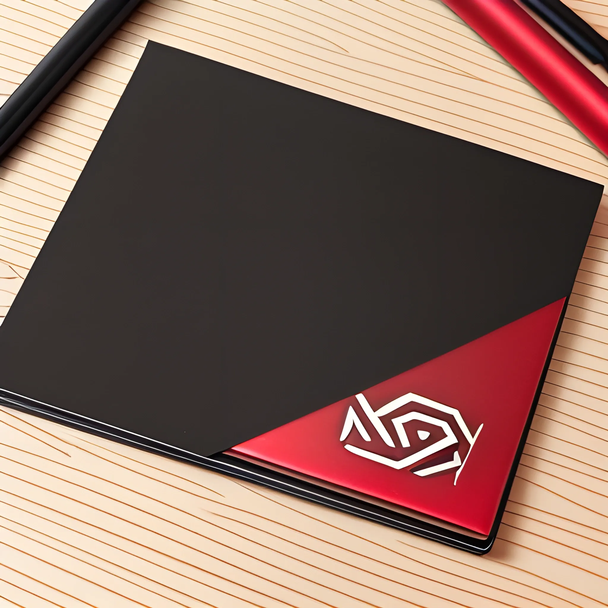 it's a logo with a metal notepad cover, metallic red and metallic gold, a mechanical pencil, the notepad opens up, matte black one table, 3D