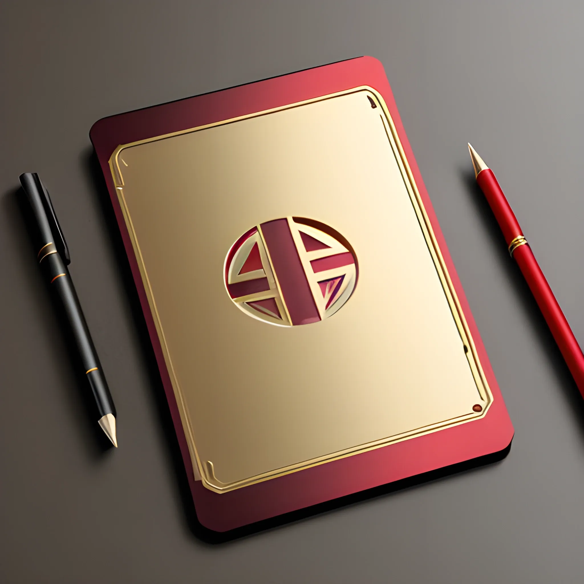 it's a logo with a metal notepad cover, metallic red and metallic gold, a mechanical pencil, the notepad opens up, the notepad on matte black one table, 3D