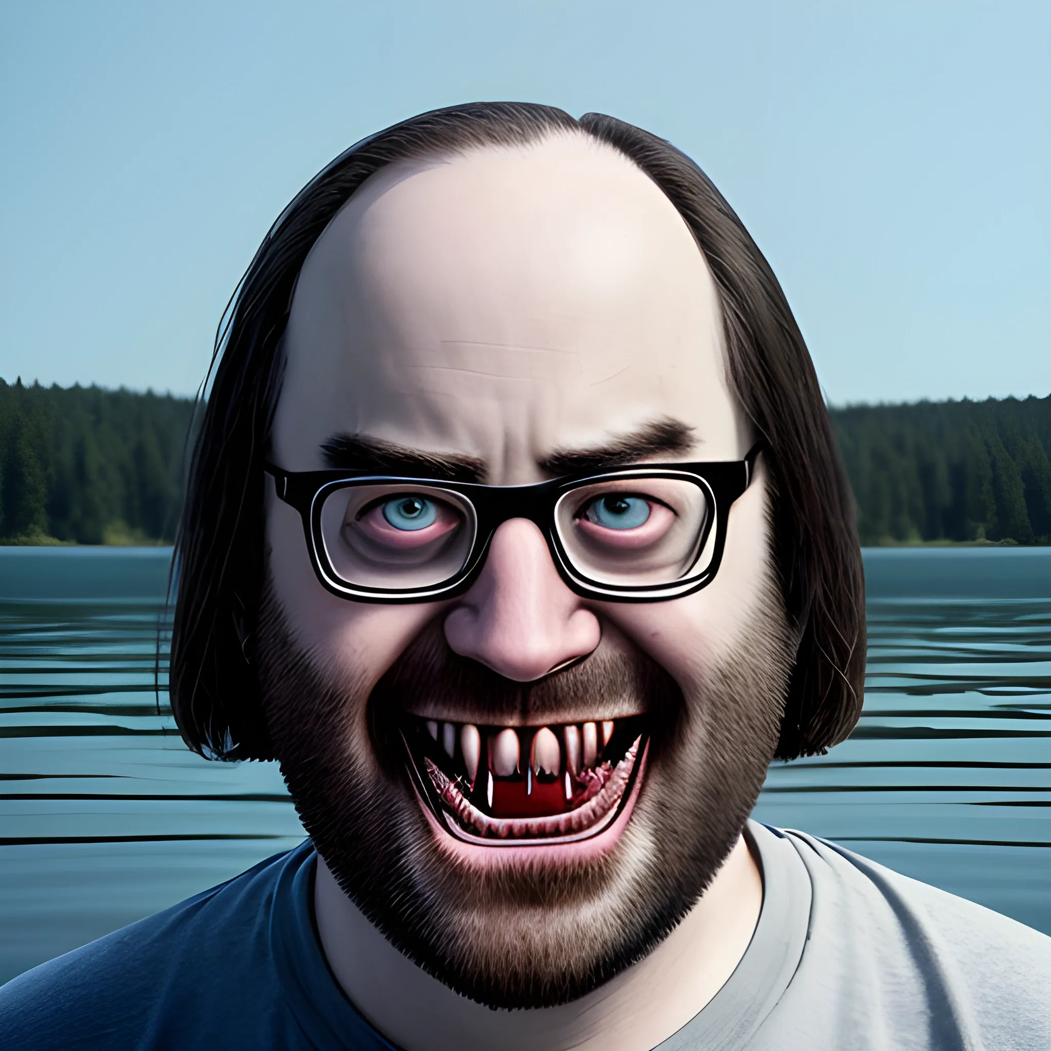 jaberwock appears from the lake with biting teeth and menacing stare and eats the heads of people there 