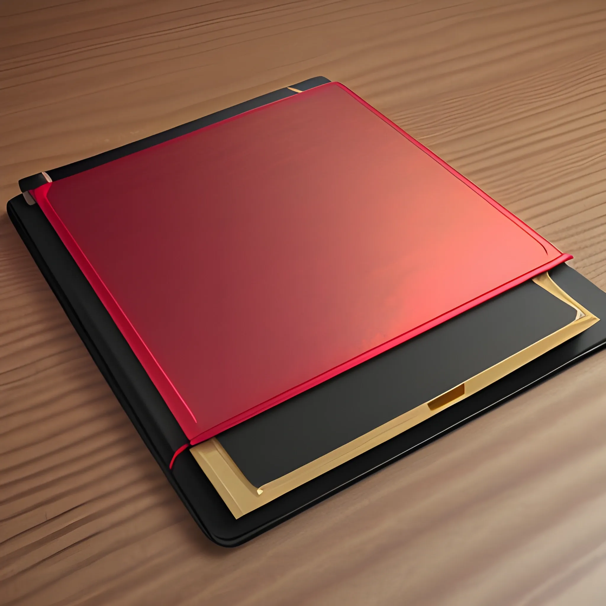 it's a logo with a metal notepad cover, metallic red and metallic gold, a mechanical pencil, the notepad opens up, the notepad on matte black one table, 3D