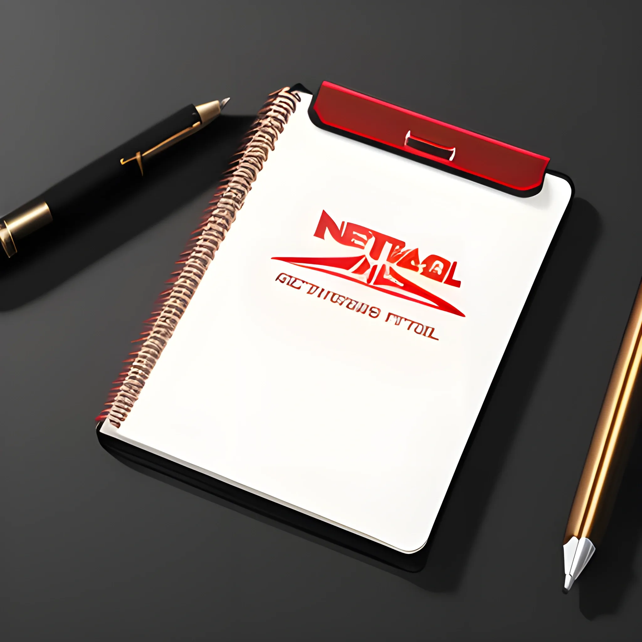 it's a logo with a metal notepad cover, metallic red and metallic gold, a mechanical pencil, the notepad opens up, the notepad on matte black one table, 3D