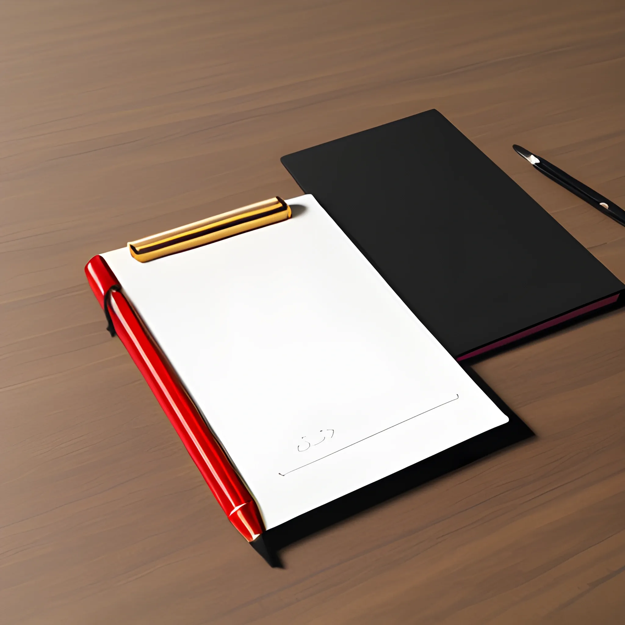 it's a logo with a metal notepad cover, metallic red and metallic gold, a mechanical pencil, the notepad opens up, the notepad on matte black one table, 3D