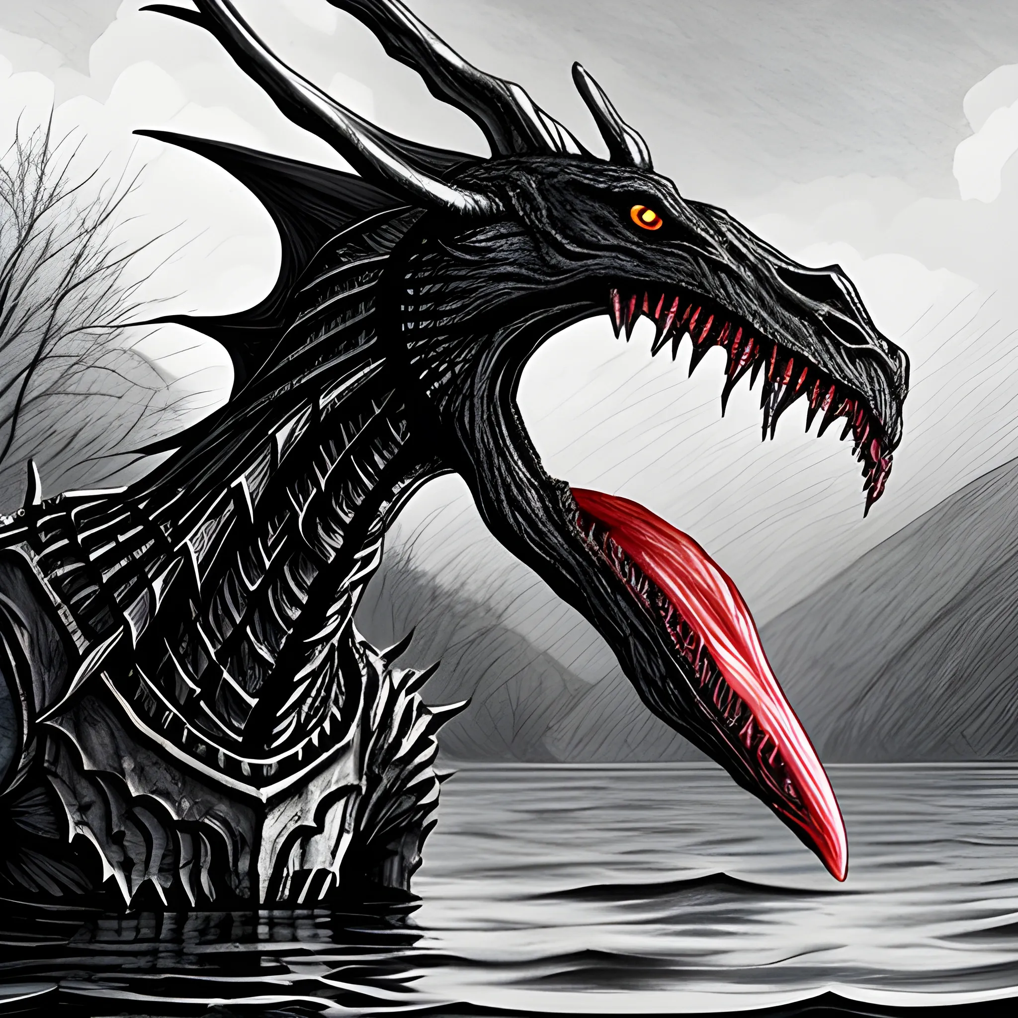 jabberwock appears from the lake with biting teeth and menacing stare and eats the heads of people there 