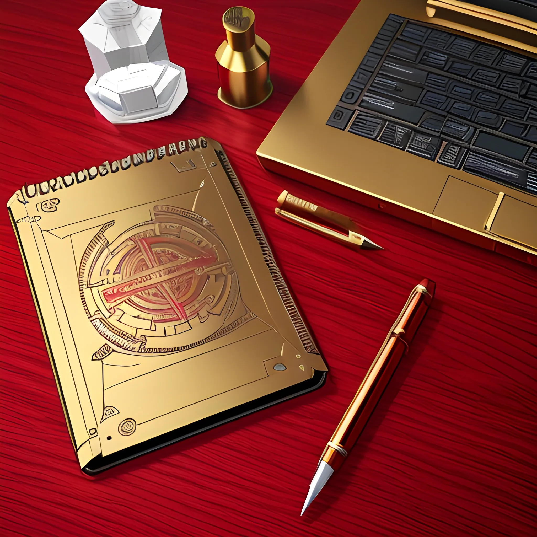 it's a logo with a metal notepad cover, metallic red and metallic gold, a mechanical pencil with mechanical icons, the cover of the notepad opens up, all on the table, 3D, unreal, 
