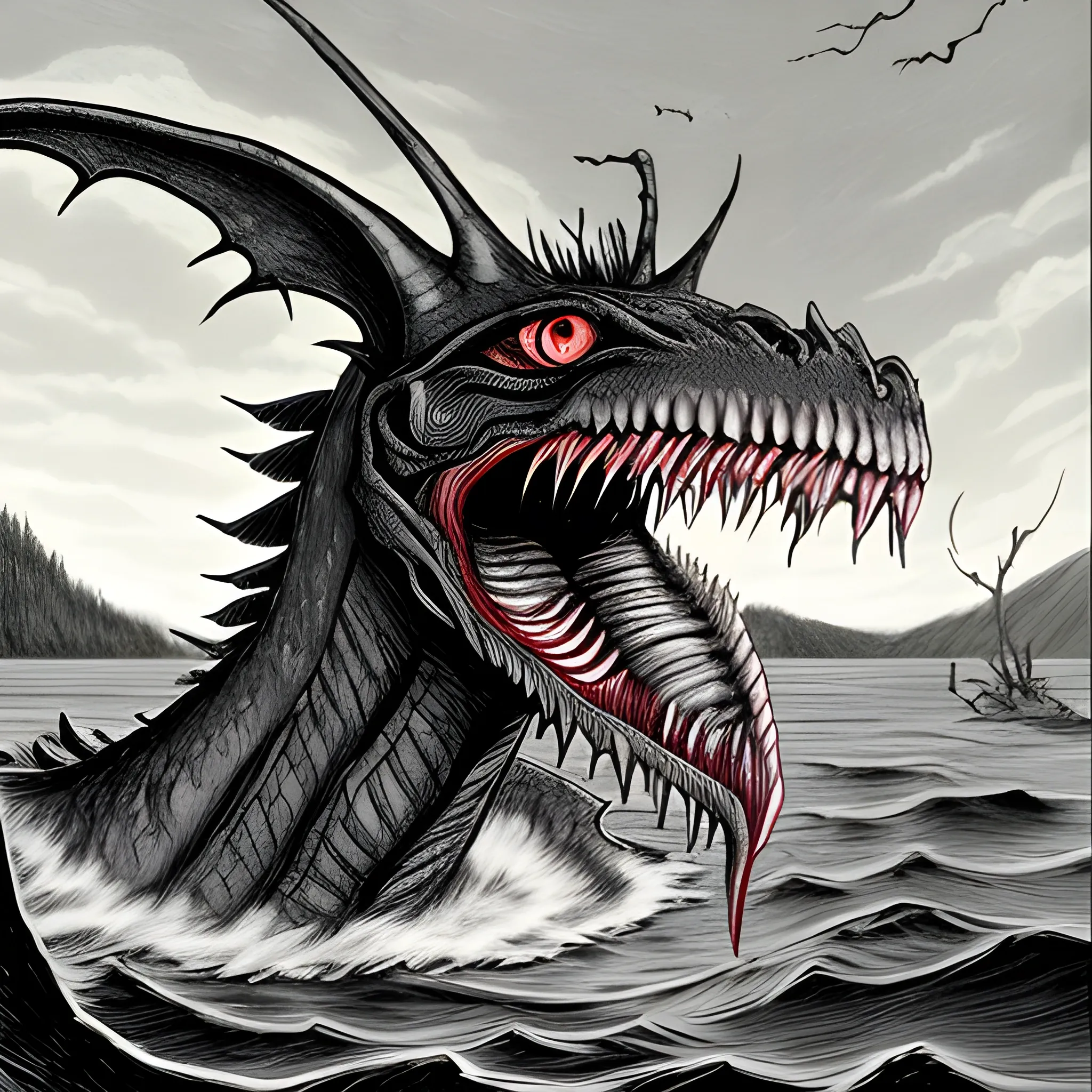 jabberwock appears from the lake with biting teeth and menacing stare and eats the heads of people there 