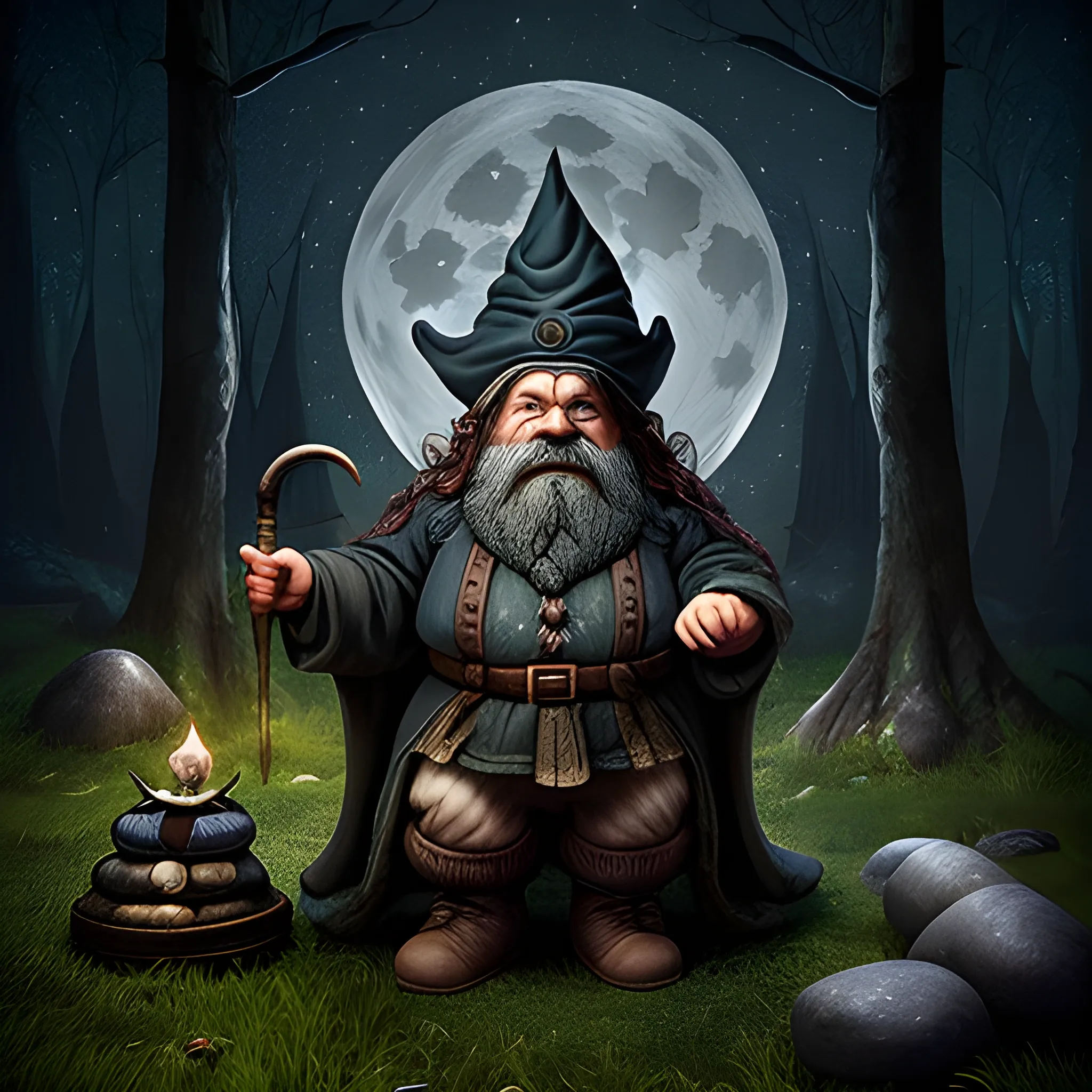 Dwarf, Magic, Wizard, Dark Magic, Forest, Moon. Night. Thunder, wolf, fantasy, fight, realistic