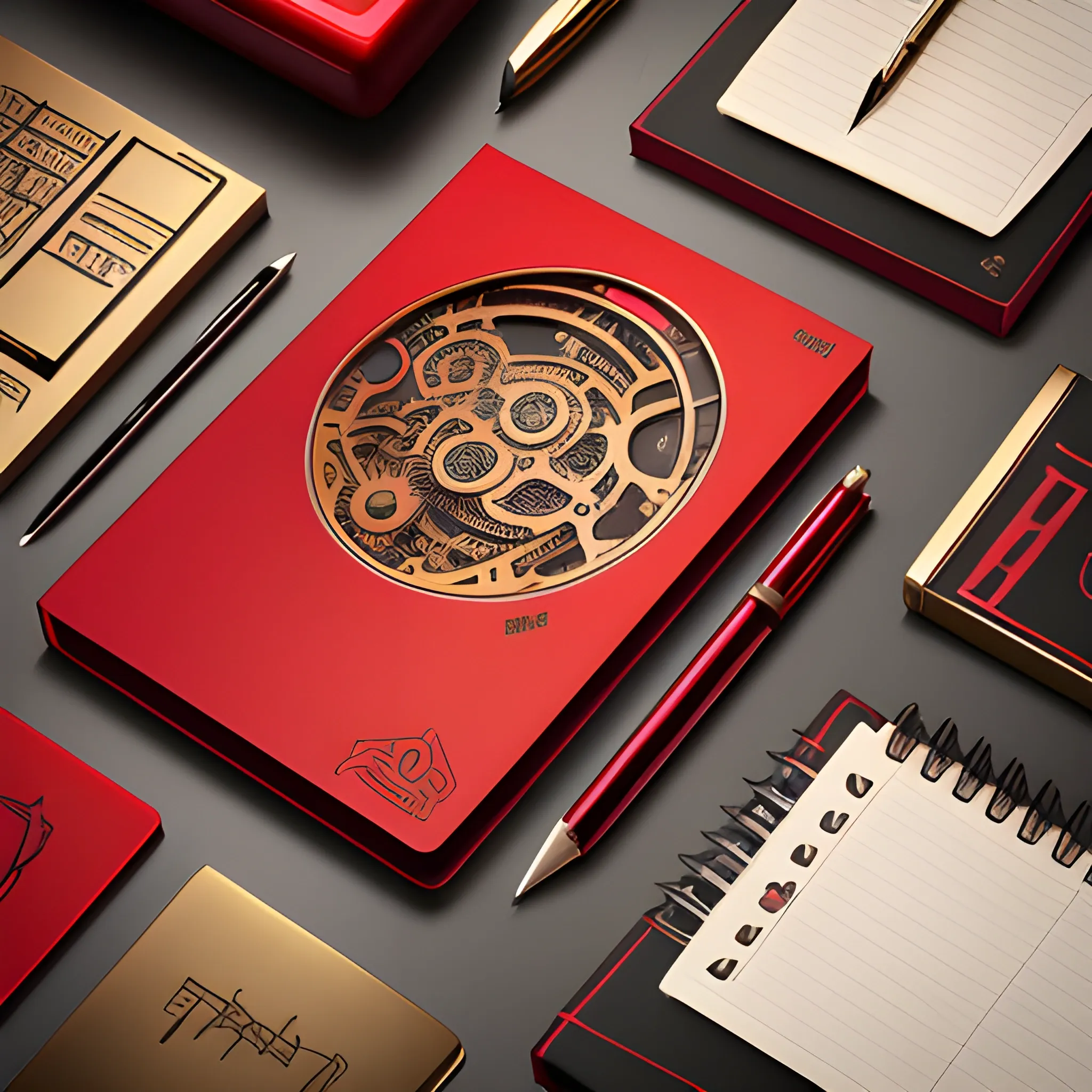 it's a logo with a metal notepad cover, metallic red and metallic gold, a mechanical pencil with mechanical icons, the cover of the notepad opens up, all on the table, 3D, unreal, 
, Cartoon