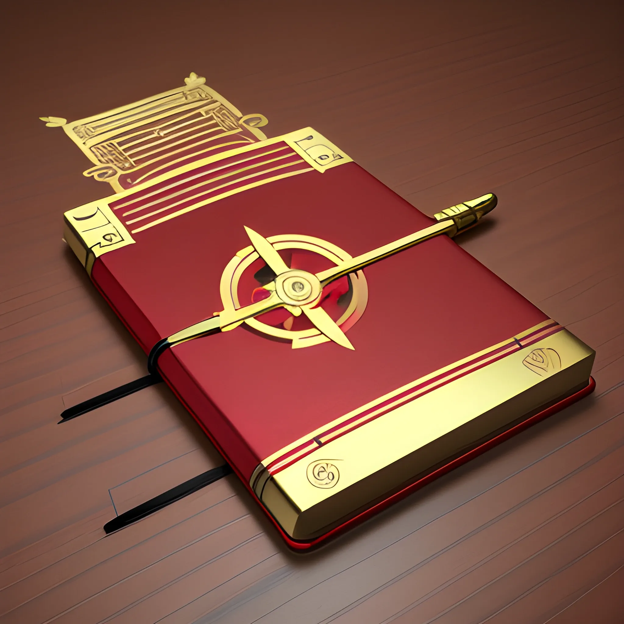 it's a logo with a metal notepad cover, metallic red and metallic gold, a mechanical pencil with mechanical icons, the cover of the notepad opens up, all on the table, 3D, unreal, 
, Cartoon