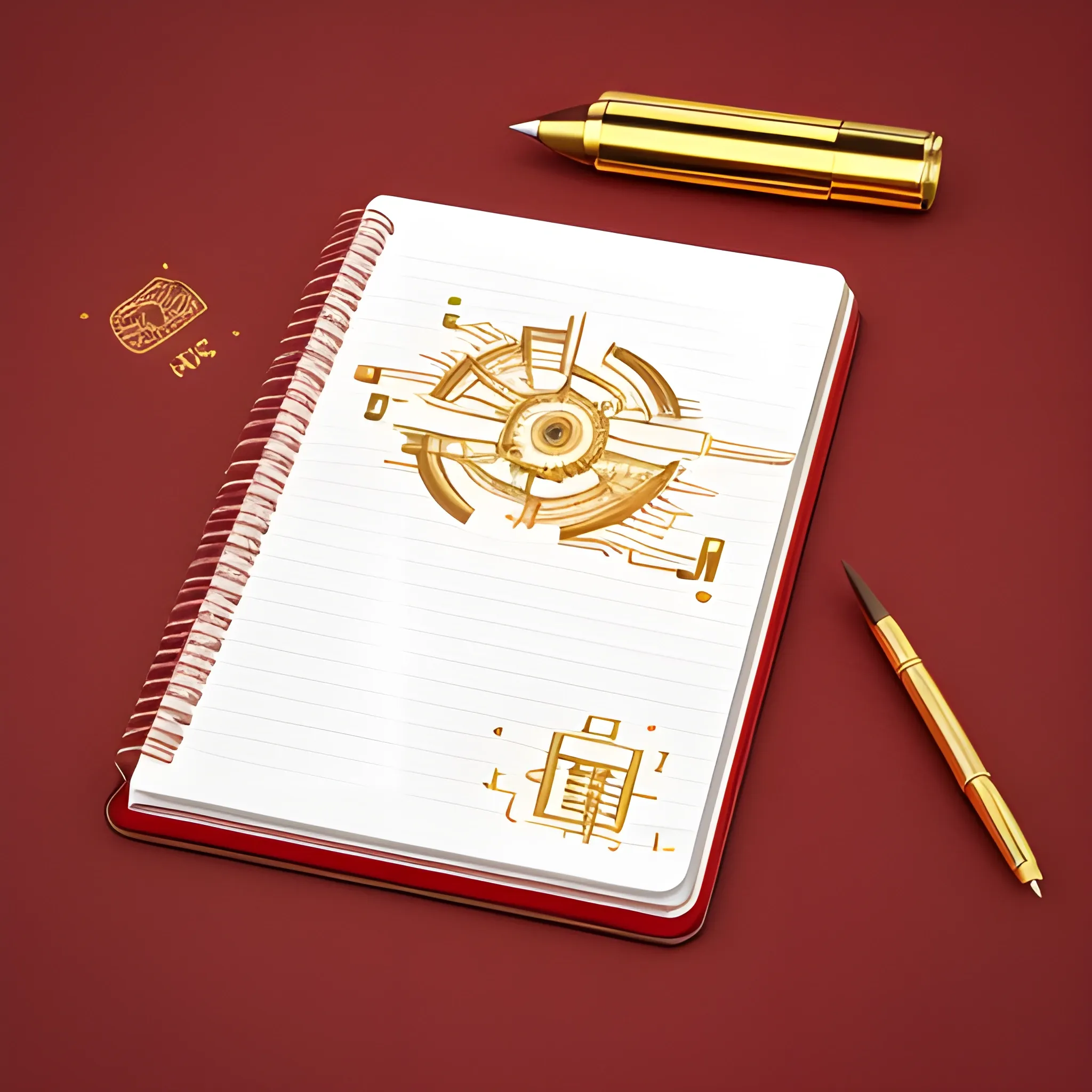 it's a logo with a metal notepad cover, metallic red and metallic gold, a mechanical pencil with mechanical icons, the cover of the notepad opens up, all on the table, 3D, unreal, 
, Cartoon