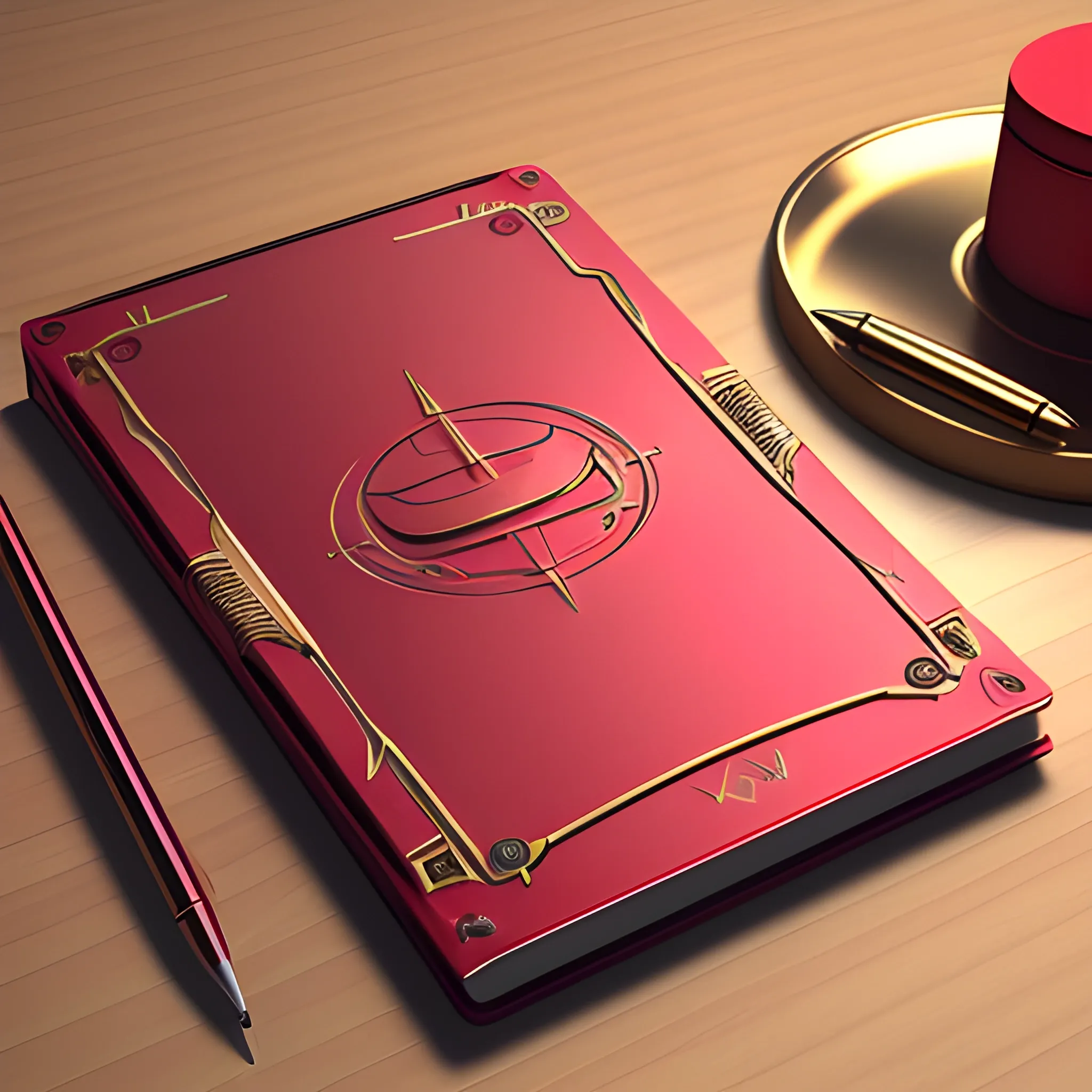 it's a logo with a metal notepad cover, metallic red and metallic gold, a mechanical pencil with mechanical icons, the cover of the notepad opens up, all on the table, 3D, unreal, 
, Cartoon