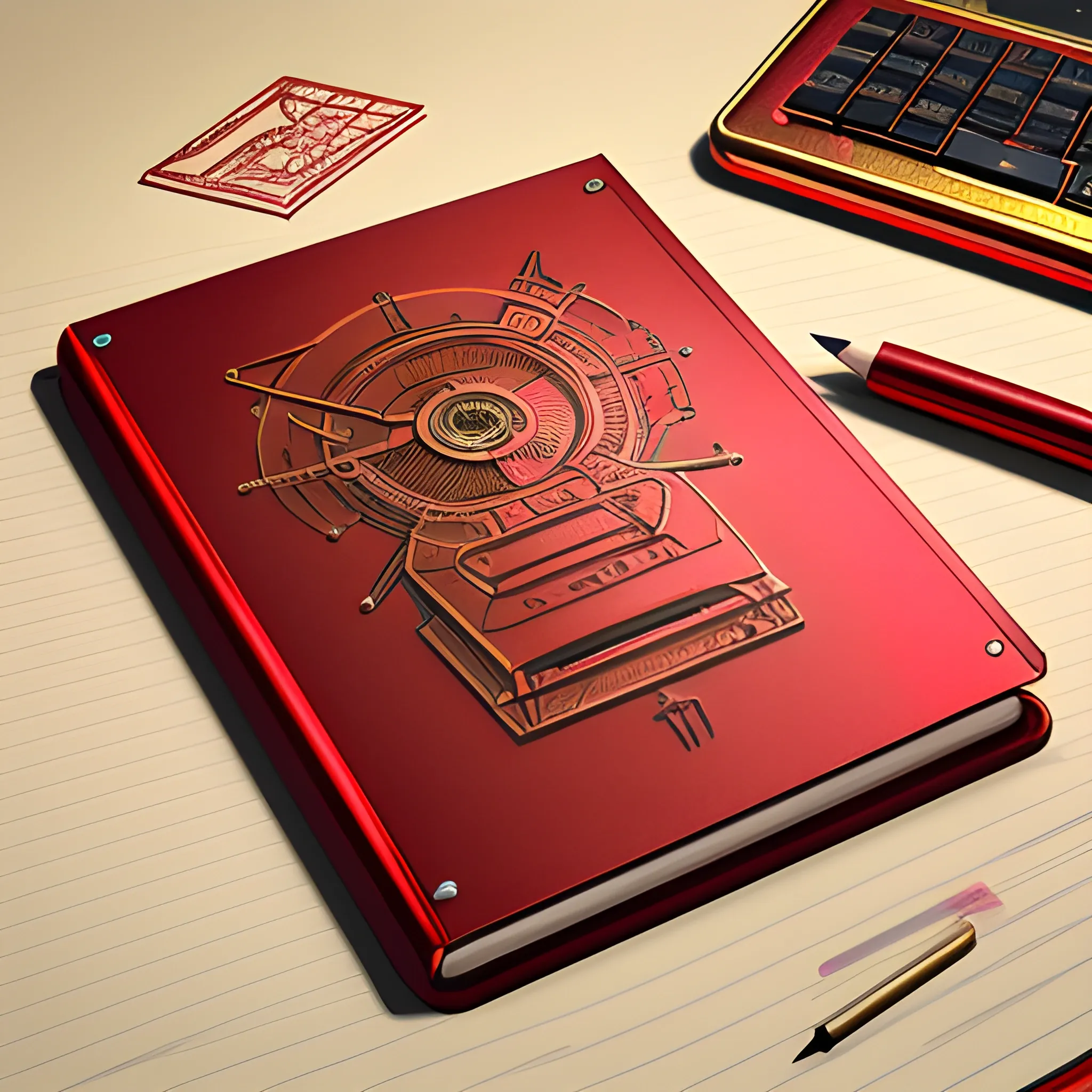 it's a logo with a metal notepad cover, metallic red and metallic gold, a mechanical pencil with mechanical icons, the cover of the notepad opens up, all on the table, 3D, unreal, 
, Cartoon, Pencil Sketch