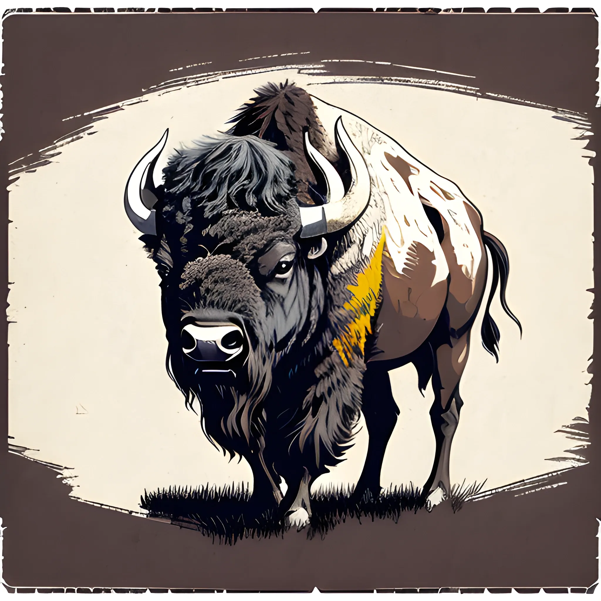 A detailed drawing, bison, night, clean focus , full shot splash, comic, flat design, colorful shades, highly detailed, clean, vector image, flat white background, vibrant, vector, vintage, rustic, distressed texture, faded colors, line art, engraving style, background white, no shadows, 16k, focus, deviant art masterpiece. proportional. 