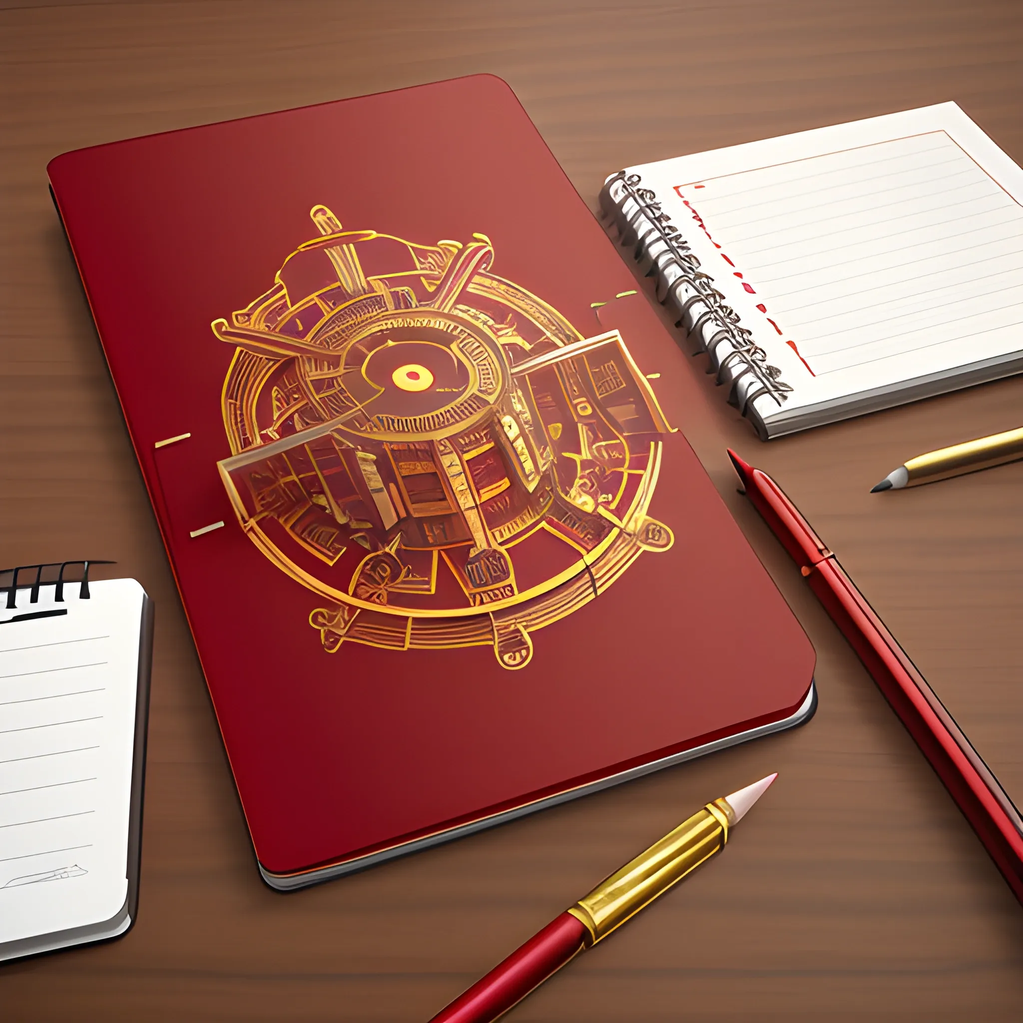 it's a logo with a metal notepad cover, metallic red and metallic gold, a mechanical pencil with mechanical icons, the cover of the notepad opens up, all on the table, 3D, unreal, 
, Cartoon, Pencil Sketch