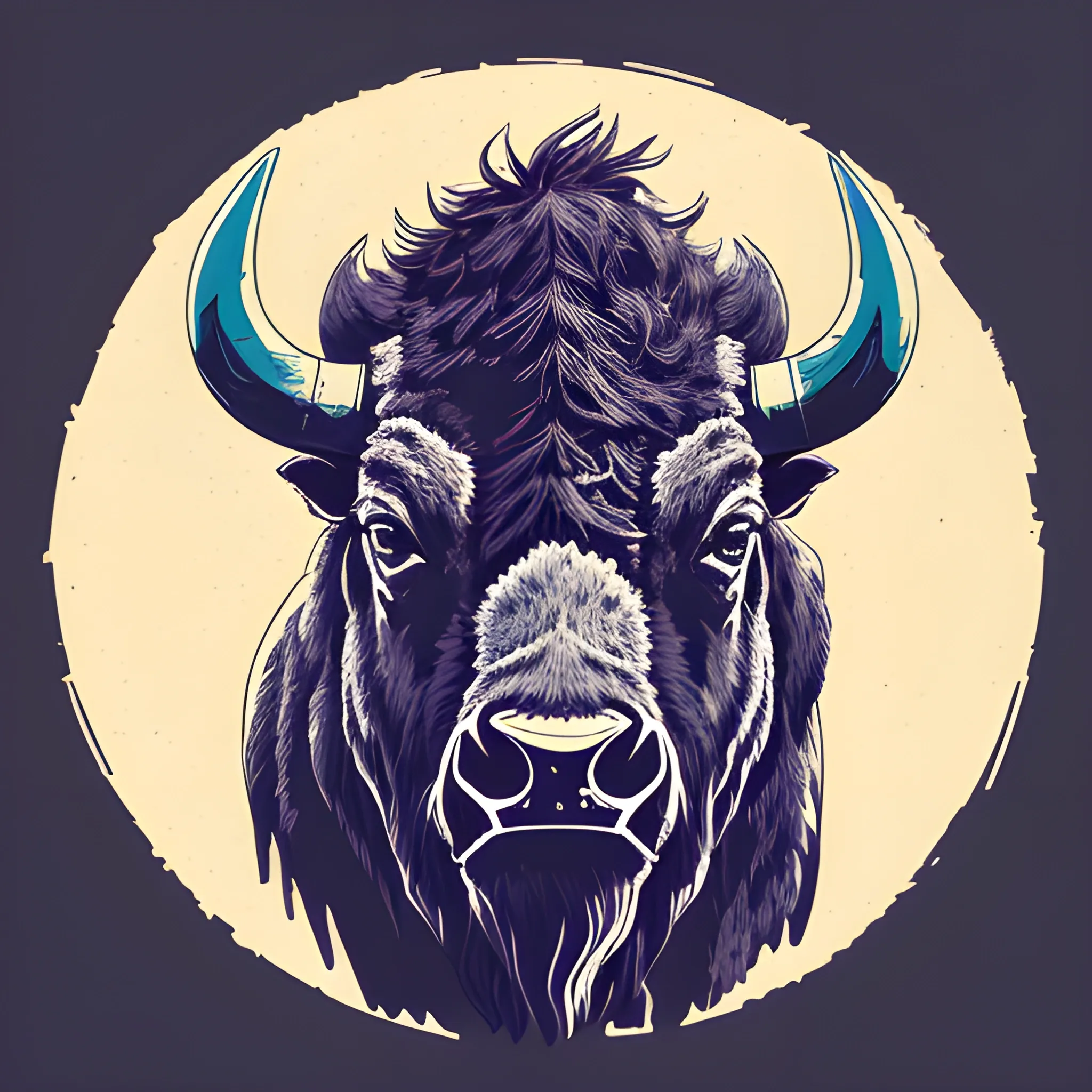 A detailed drawing, bison head, night, clean focus , full shot splash, comic, flat design, colorful shades, highly detailed, clean, vector image, flat white background, vibrant, vector, vintage, rustic, distressed texture, faded colors, line art, engraving style, background white, no shadows, 16k, focus, deviant art masterpiece. proportional. 