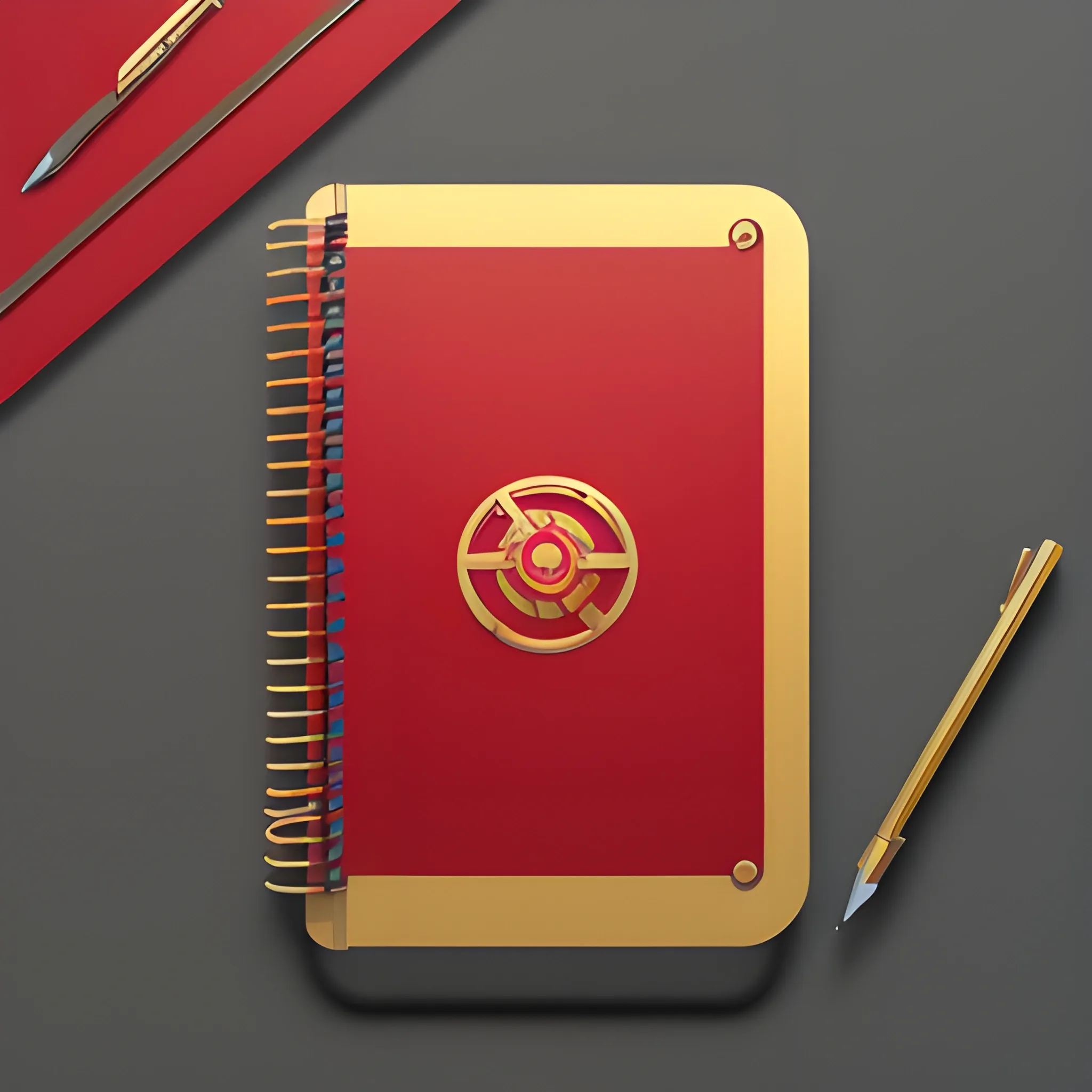 it's a logo with a metal notepad cover, metallic red and metallic gold, a mechanical pencil with mechanical icons, the cover of the notepad opens up, all on the table, 3D, unreal, 
, Cartoon, Pencil Sketch