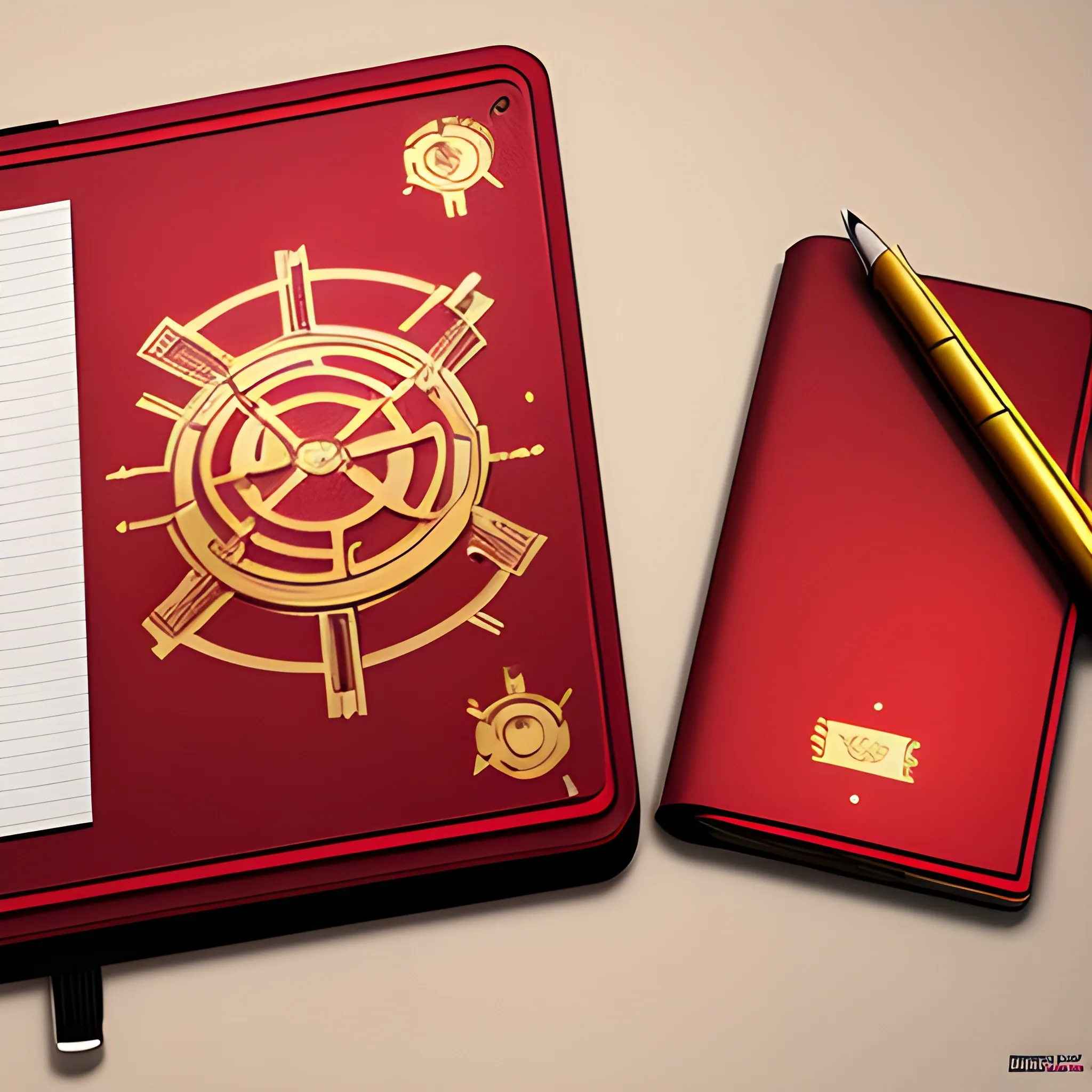 it's a logo with a metal notepad cover, metallic red and metallic gold, a mechanical pencil with mechanical icons, the cover of the notepad opens up, all on the table, 3D, unreal, 
, Cartoon, Pencil Sketch