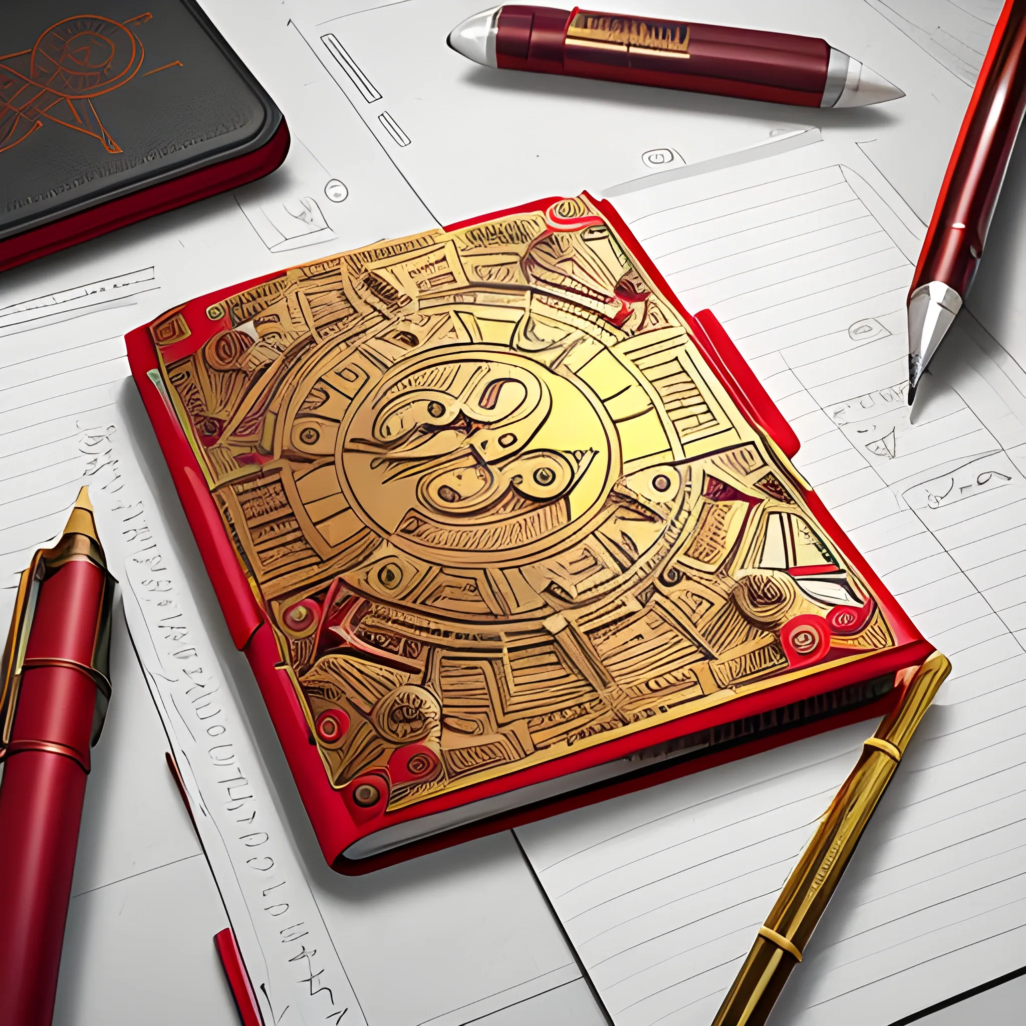 it's a logo with a metal notepad cover, metallic red and metallic gold, a mechanical pencil with mechanical icons, the cover of the notepad open up, all on the table, 3D, unreal, 
, Cartoon, Trippy