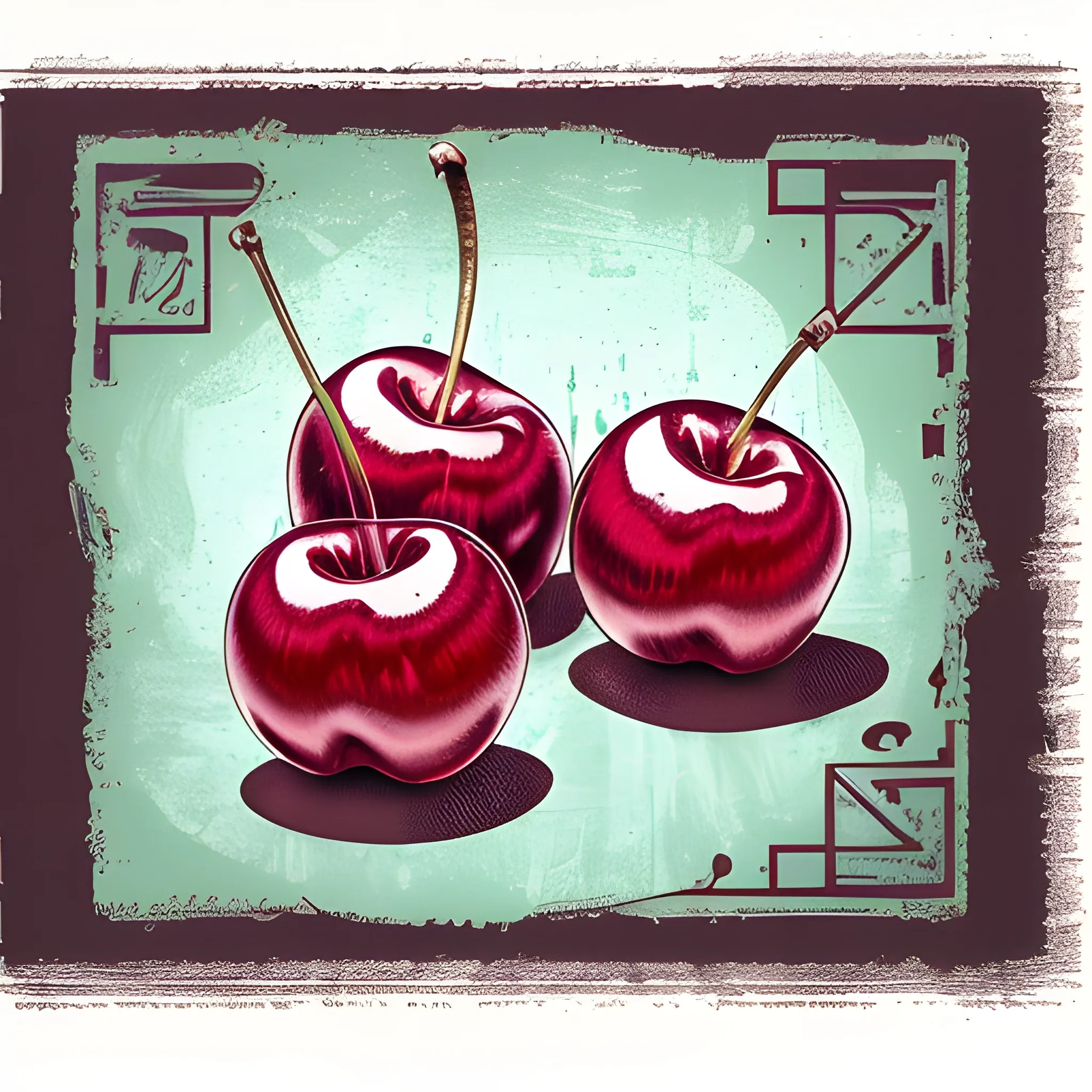 A detailed drawing, cherries, night, clean focus , full shot splash, comic, flat design, colorful shades, highly detailed, clean, vector image, flat white background, vibrant, vector, vintage, rustic, distressed texture, faded colors, line art, engraving style, background white, no shadows, 16k, focus, deviant art masterpiece. proportional. 