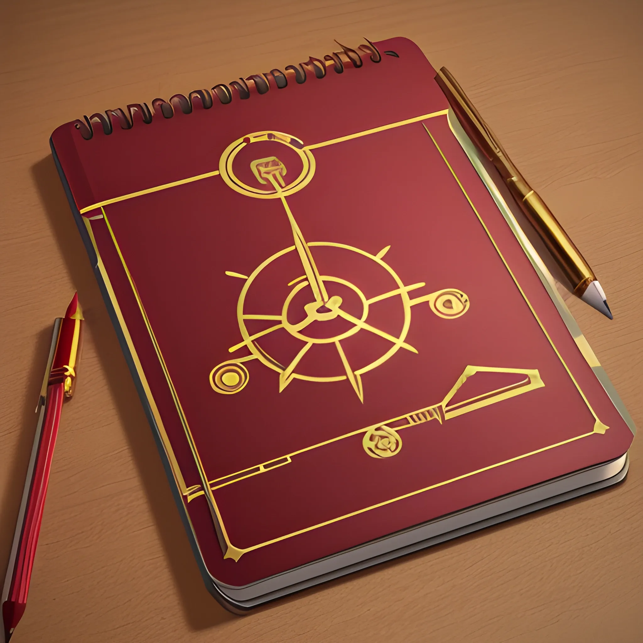 it's a logo with a metal notepad cover, metallic red and metallic gold, a mechanical pencil with mechanical icons, the cover of the notepad open up, all on the table, 3D, unreal, 
, Cartoon, Trippy