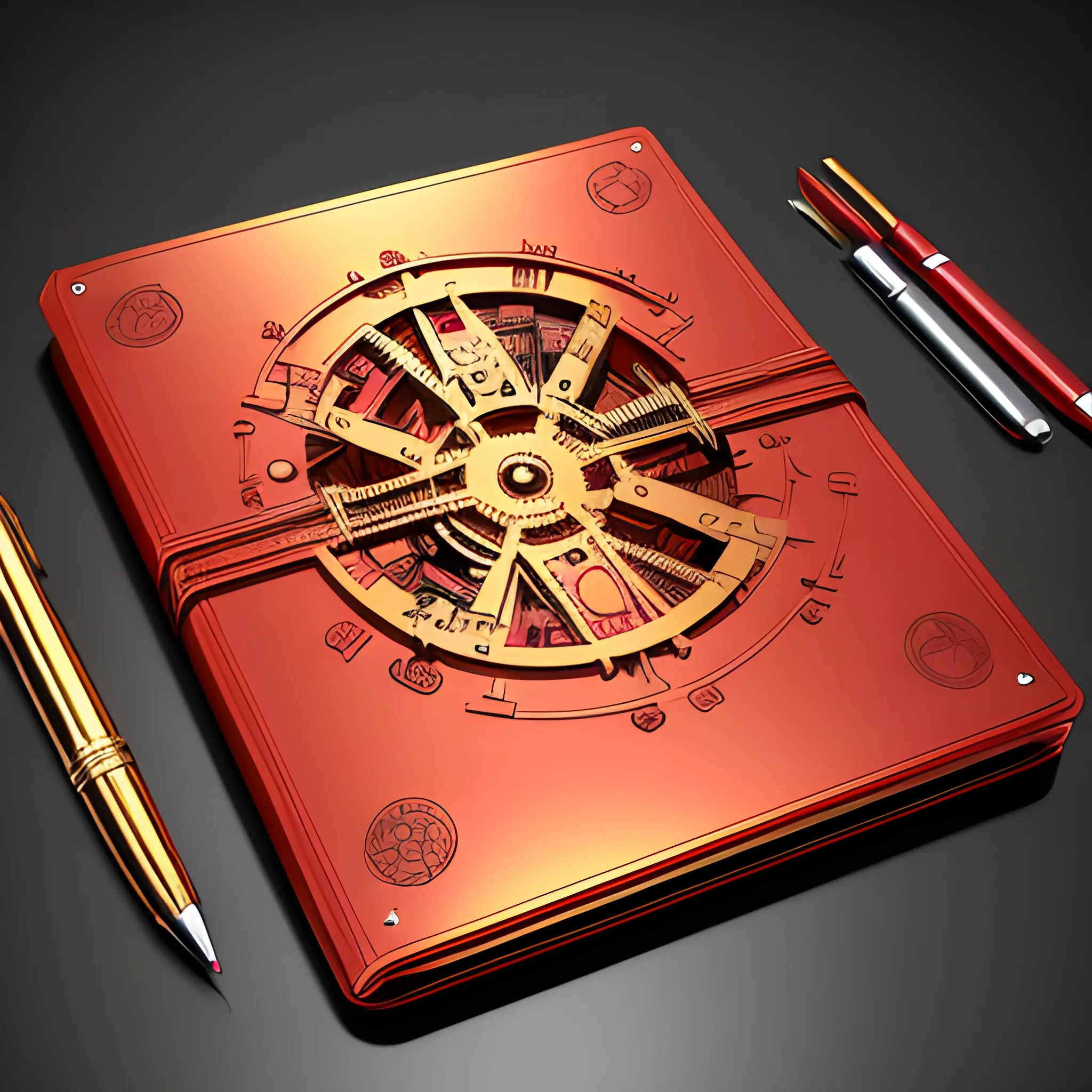 it's a logo with a metal notepad cover, metallic red and metallic gold, a mechanical pencil with mechanical icons, the cover of the notepad open up, all on the table, 3D, unreal, 
, Cartoon, Trippy