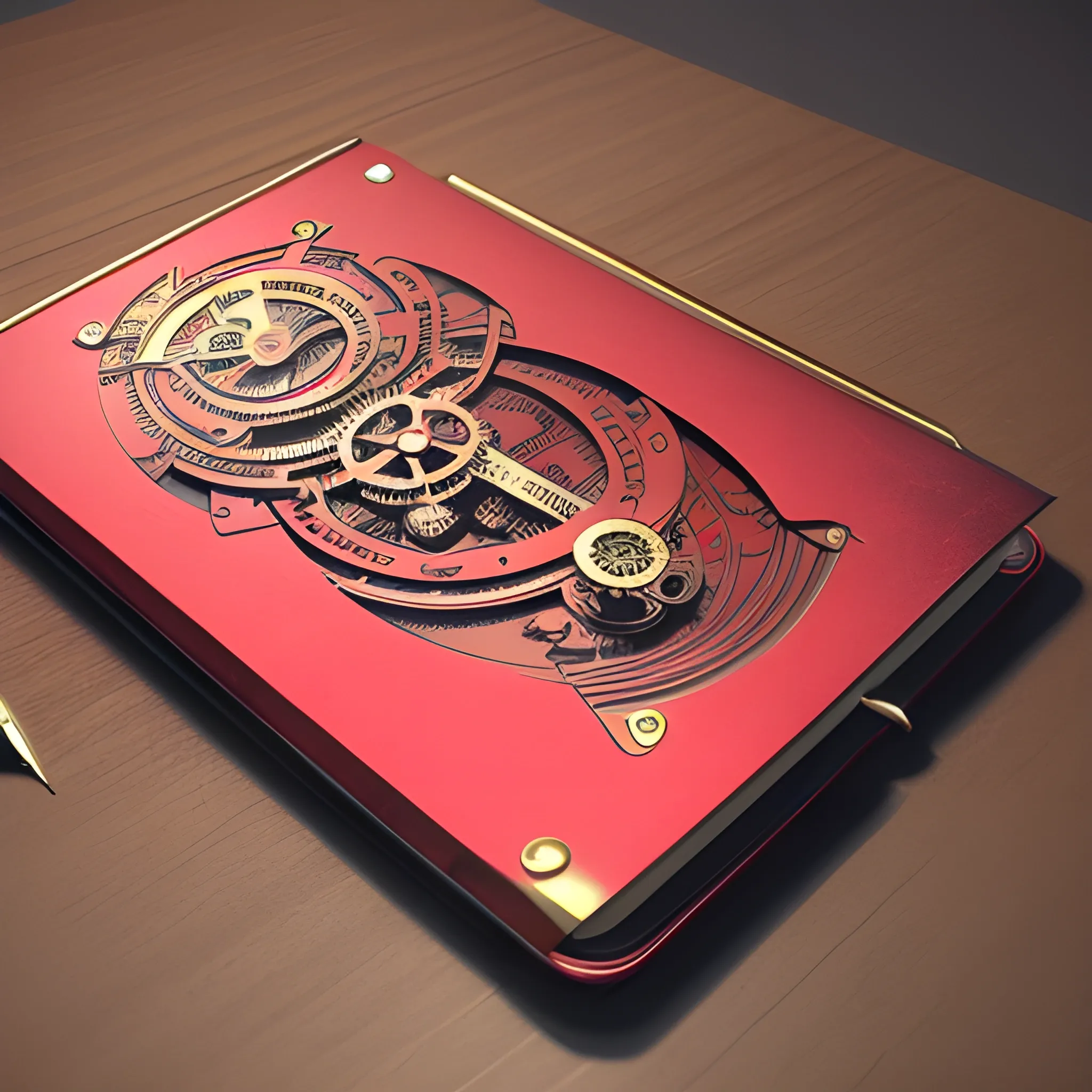 it's a logo with a metal notepad cover, metallic red and metallic gold, a mechanical pencil with mechanical icons, the cover of the notepad open up, all on the table, 3D, unreal, 
, Cartoon, Trippy