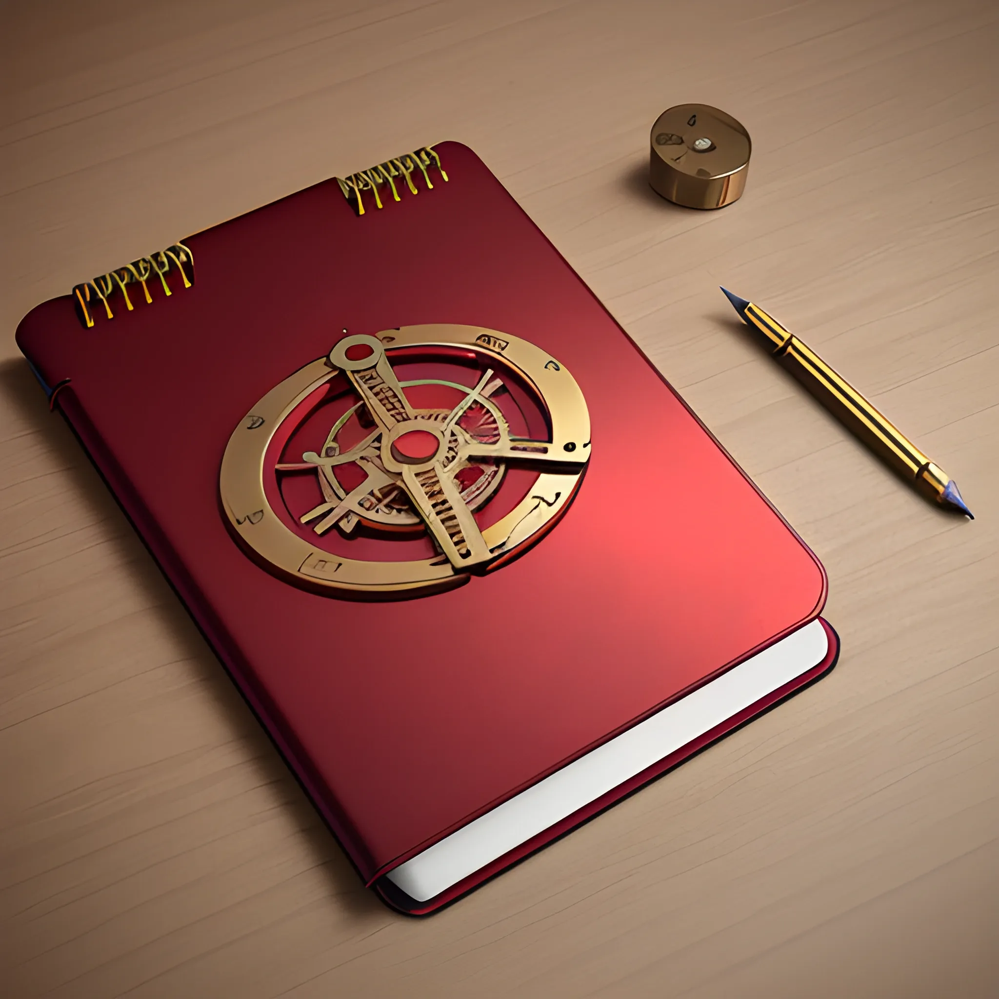 it's a logo with a metal notepad cover, metallic red and metallic gold, a mechanical pencil with mechanical icons, the cover of the notepad open up, all on the table, 3D, unreal, 
, Cartoon, Trippy