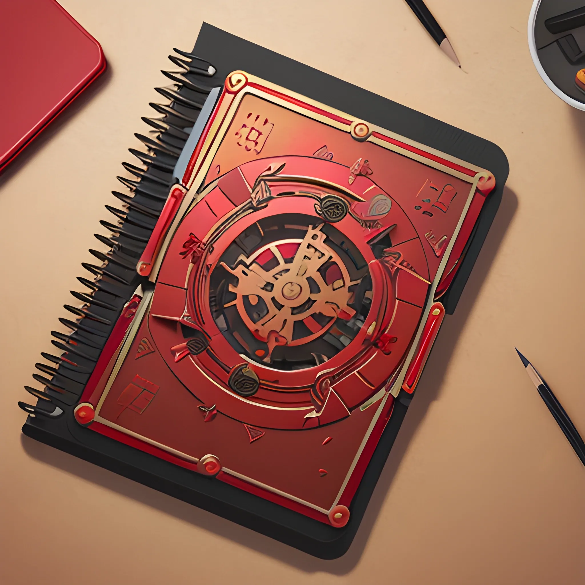 it's a logo with a metal notepad cover, metallic red and metallic gold, a mechanical pencil with mechanical icons, the cover of the notepad open up, all on the table, 3D, unreal, 
, Cartoon, Trippy