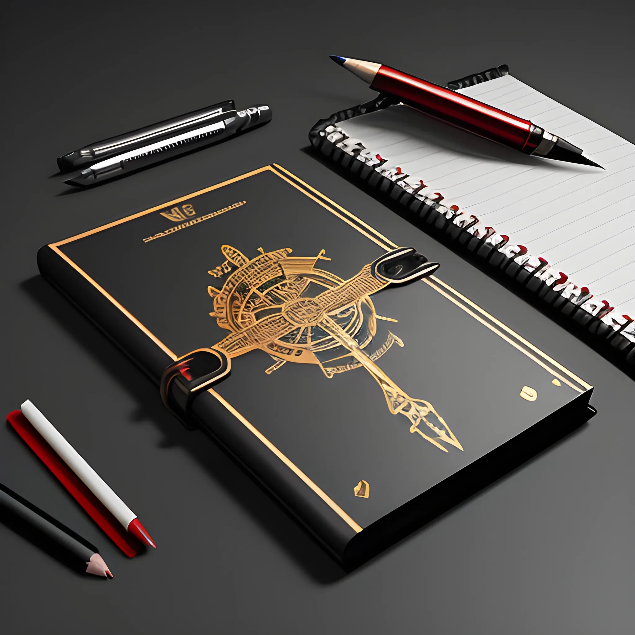 it's a logo with a metal notepad cover, metallic red and metallic gold, a mechanical pencil with mechanical icons, the cover of the notepad opens up, all on a matte black table, 3D
Pencil Sketch, Trippy