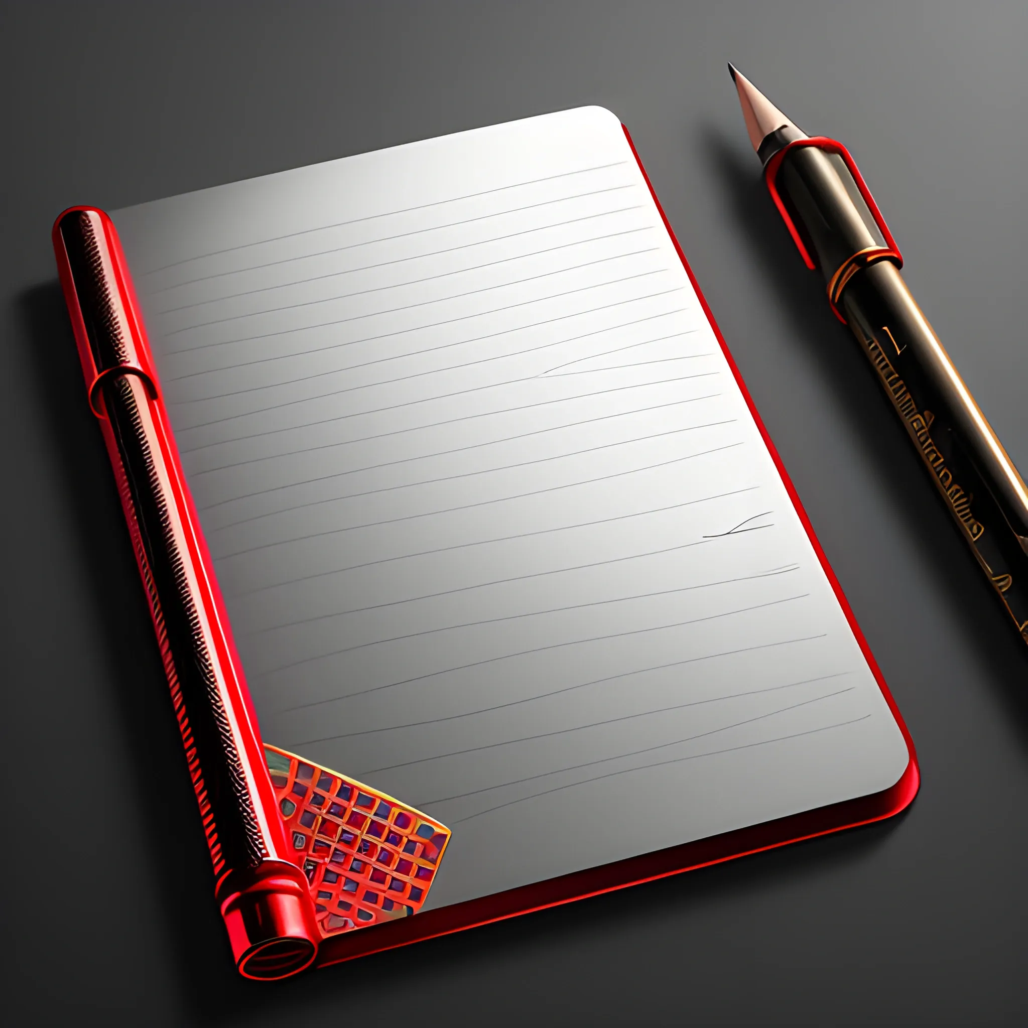 it's a logo with a metal notepad cover, metallic red and metallic gold, a mechanical pencil, the notepad opens up, the notepad on matte black one table, 3D

, Pencil Sketch, Trippy