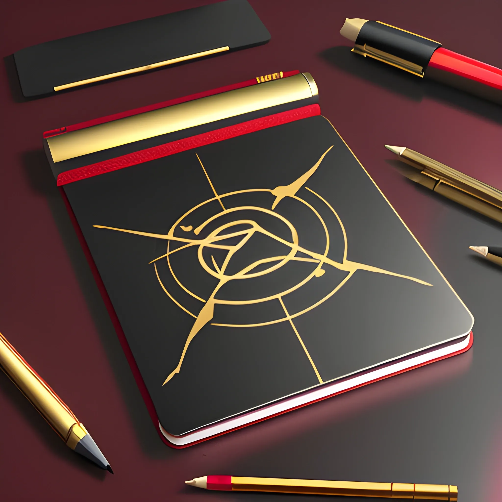 it's a logo with a metal notepad cover, metallic red and metallic gold, a mechanical pencil, the notepad opens up, the notepad on matte black one table, 3D

, Pencil Sketch, Trippy