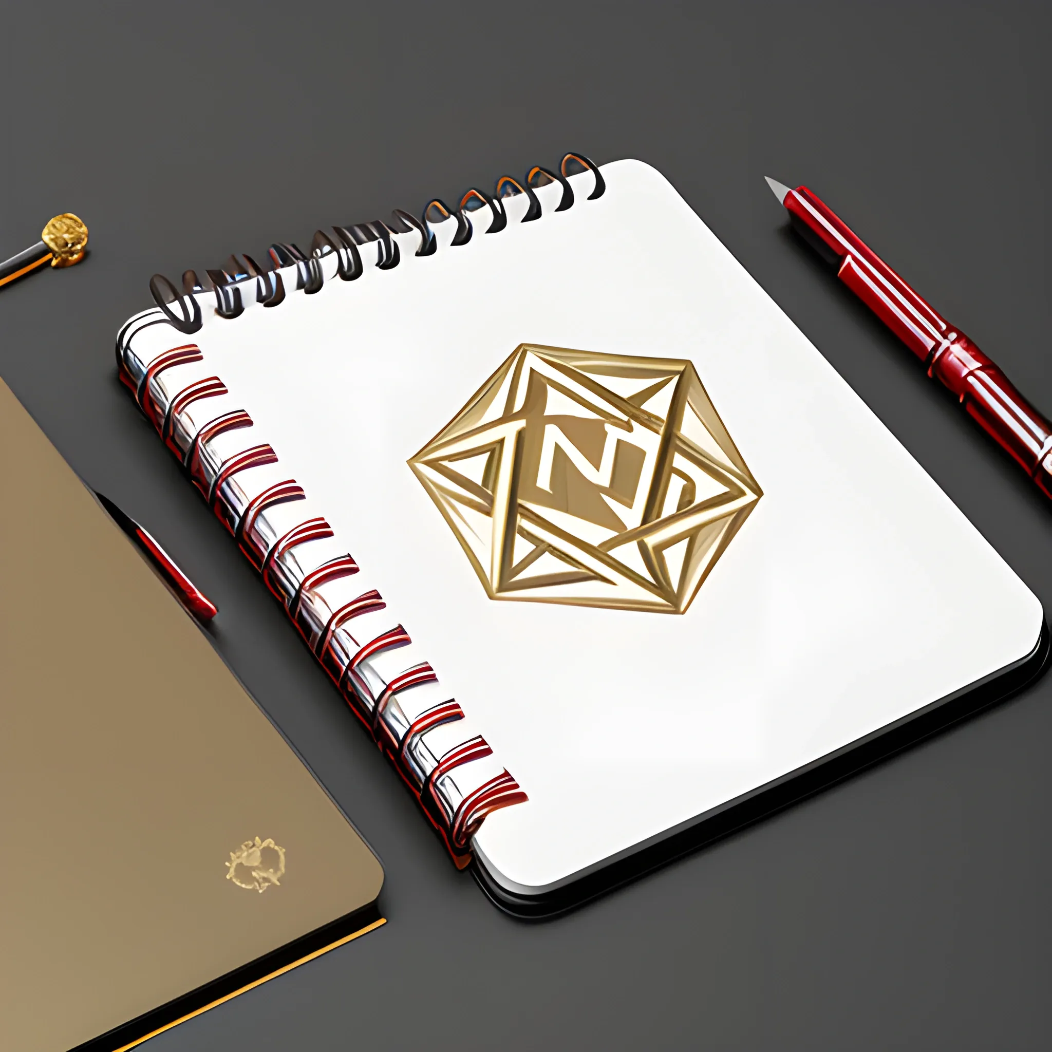 it's a logo with a metal notepad cover, metallic red and metallic gold, a mechanical pencil, the notepad opens up, the notepad on matte black one table, 3D

, Pencil Sketch, Trippy