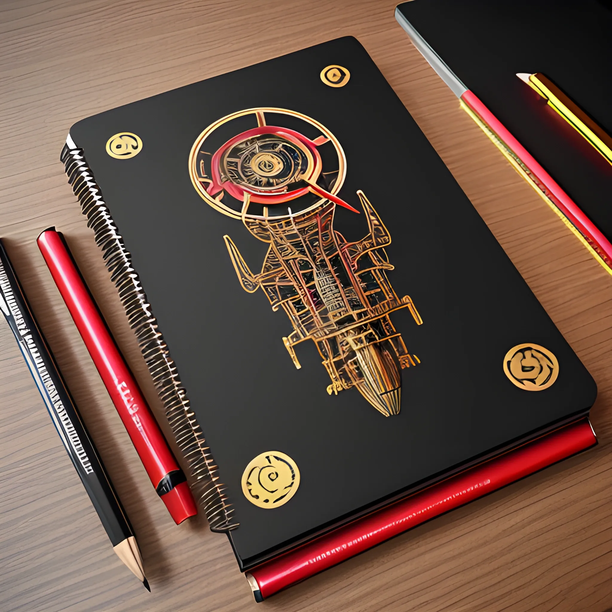 it's a logo with a metal notepad cover, metallic red and metallic gold, a mechanical pencil with mechanical icons, the cover of the notepad opens up, all on a matte black table, 3D
Pencil Sketch, Trippy