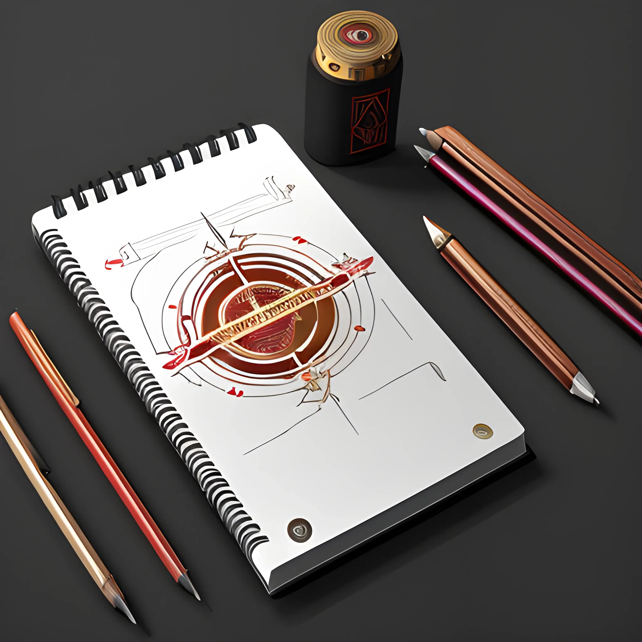 it's a logo with a metal notepad cover, metallic red and metallic gold, a mechanical pencil with mechanical icons, the cover of the notepad opens up, all on a matte black table, 3D
Pencil Sketch, Trippy