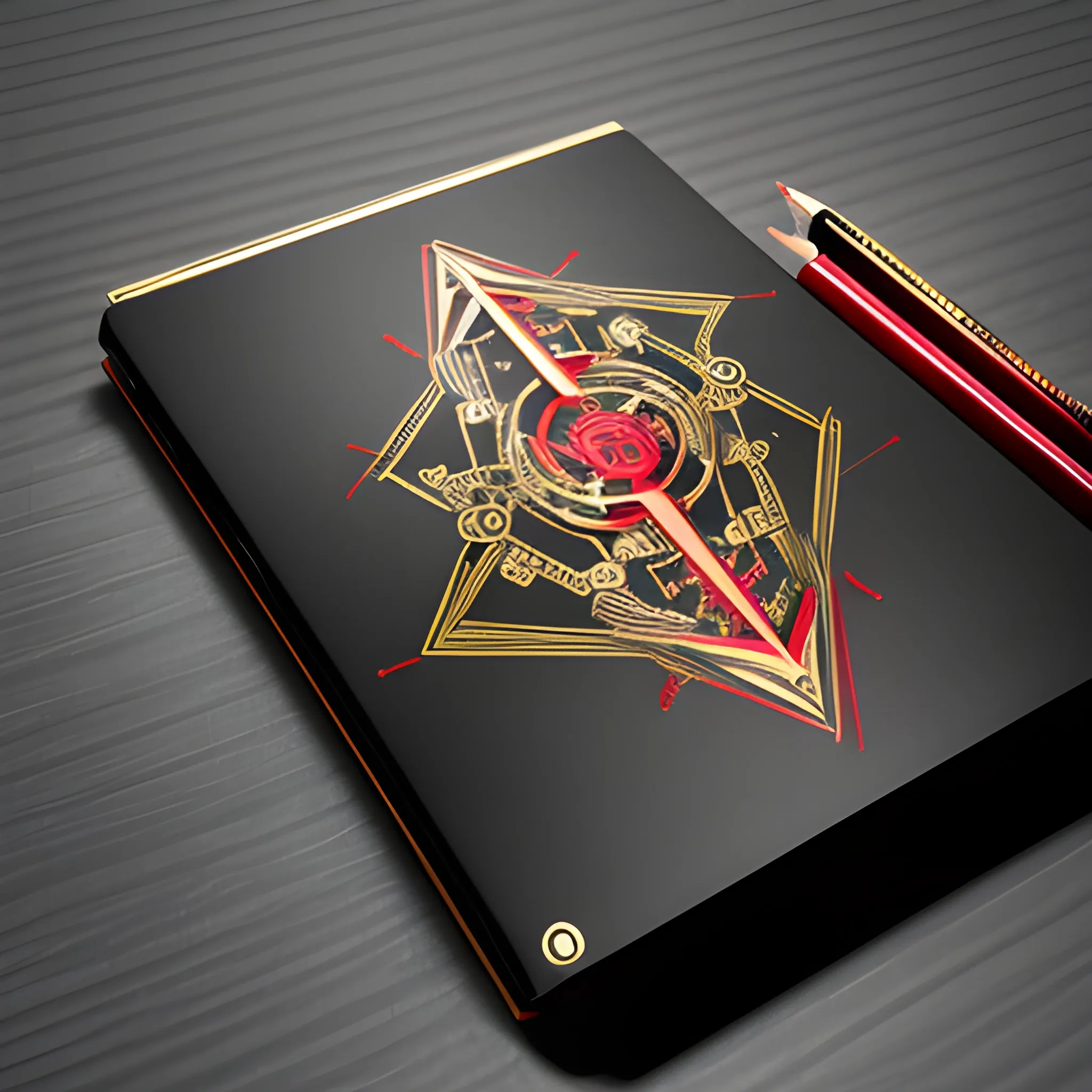 it's a logo with a metal notepad cover, metallic red and metallic gold, a mechanical pencil with utopic icons, the cover of the notepad opens up, all on a matte black table, 3D
Pencil Sketch, Trippy